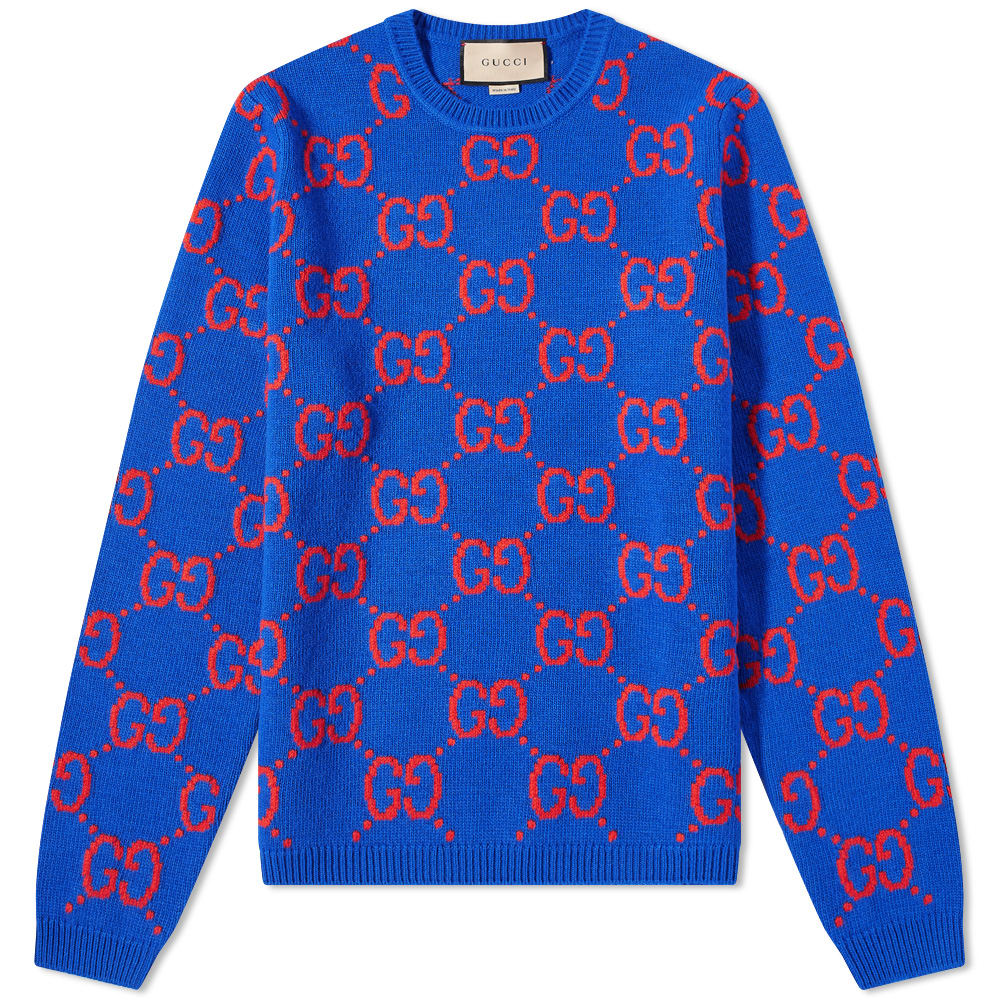 Gucci Checkerboard GG Crew Neck Knit Blue END.