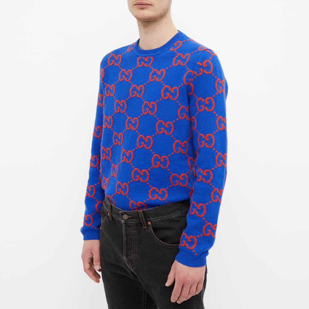 Gucci Checkerboard GG Crew Neck Knit Blue END.