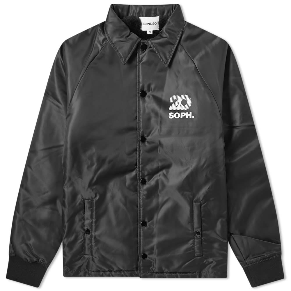 Celebrating 20 years of SOPHNET., SOPH.20 is a limited edition capsule collection showcasing the streetstyle-inspired clothing that the brand does best. This classic black satin-look coach jacket is labelled at the chest and on the back with the SOPH.20 logo and lined with cosy faux fur for a luxurious wear.

100% Polyester
Faux Fur Lining
Press Stud Closure
Ribbed Cuffs
2 Side Entry Pockets
Printed Branding
Drawstring Hem