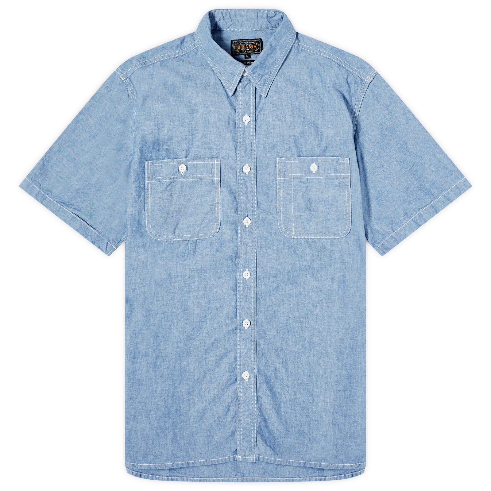 Beams Plus Men's Short Sleeve Chambray Work Shirt Sax