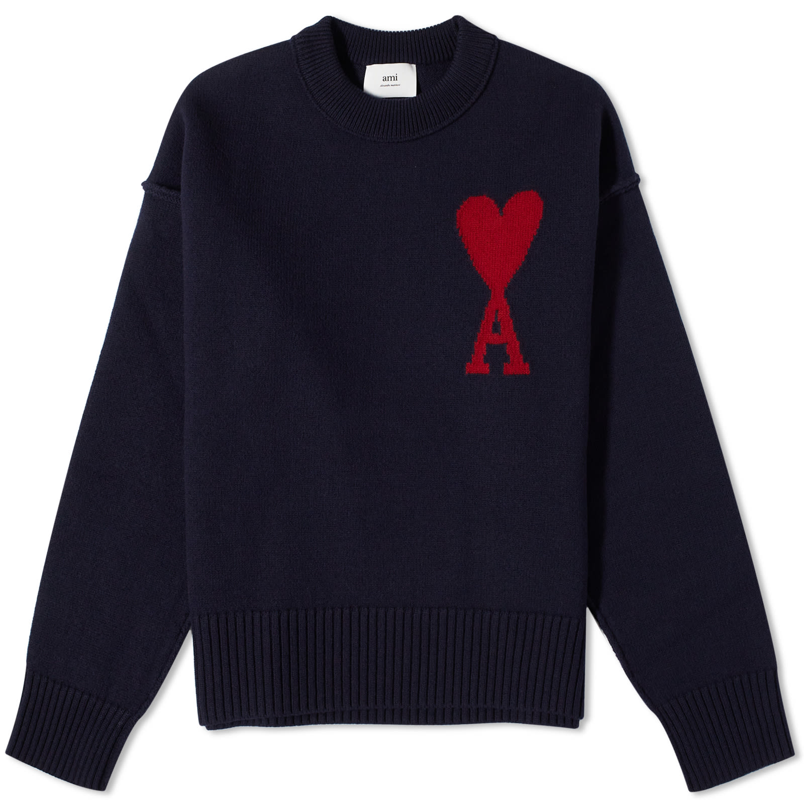 ★★AMI PARIS★★ Red Heart Logo Merino Wool Knit Night Blue Night Blue Red Ami De Coeur Crew Neck Sweater | AMI PARIS