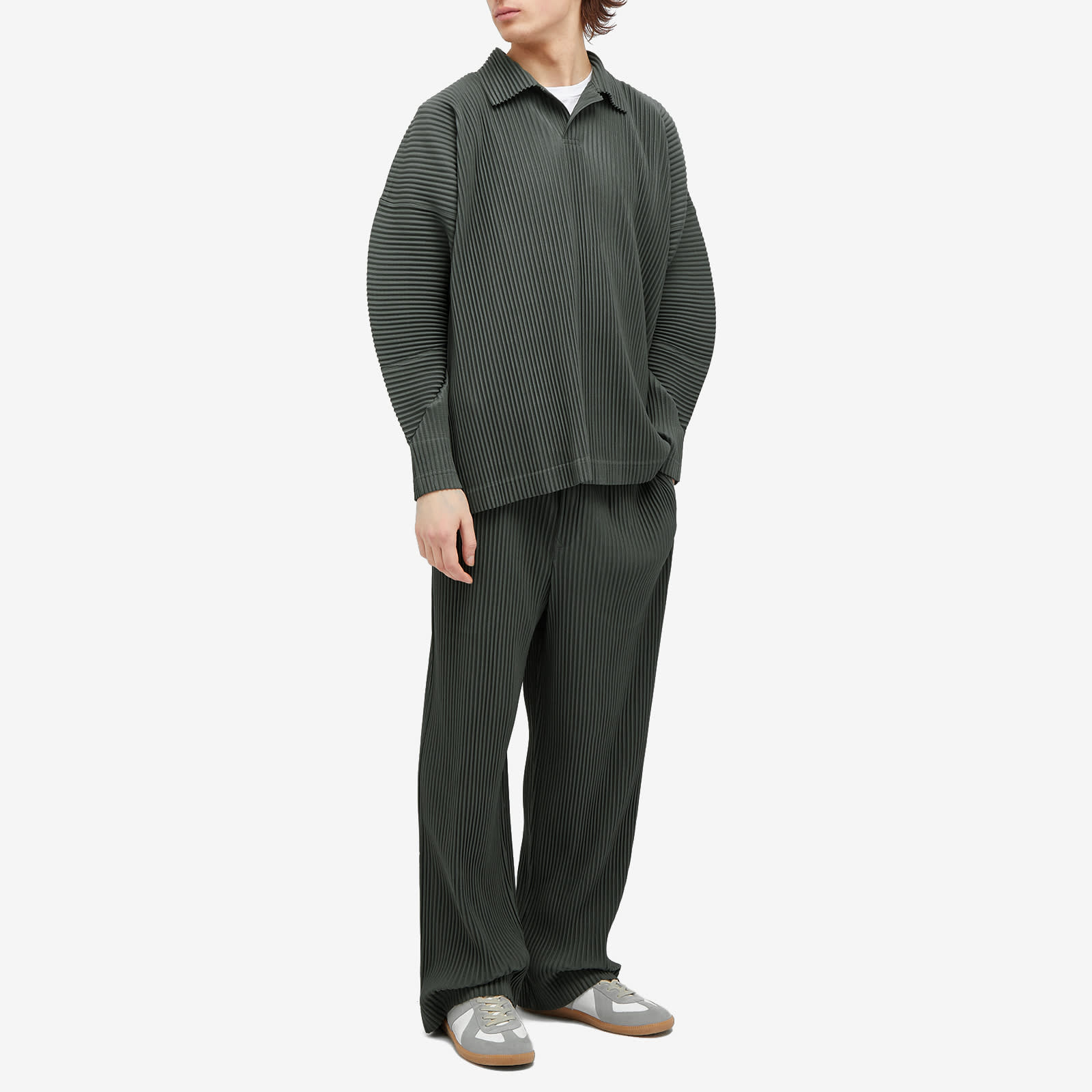 Homme Plissé Issey Miyake Men's Pleated Long Sleeve Polo Green