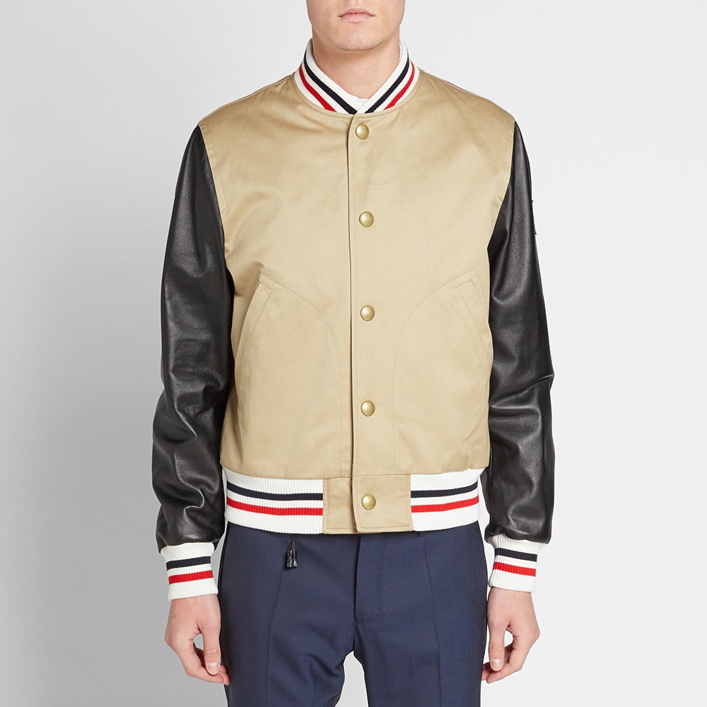 Moncler Gamme Bleu Leather Sleeve Varsity Jacket Beige | END.