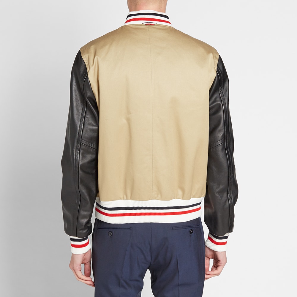 Moncler Gamme Bleu Leather Sleeve Varsity Jacket Beige | END.