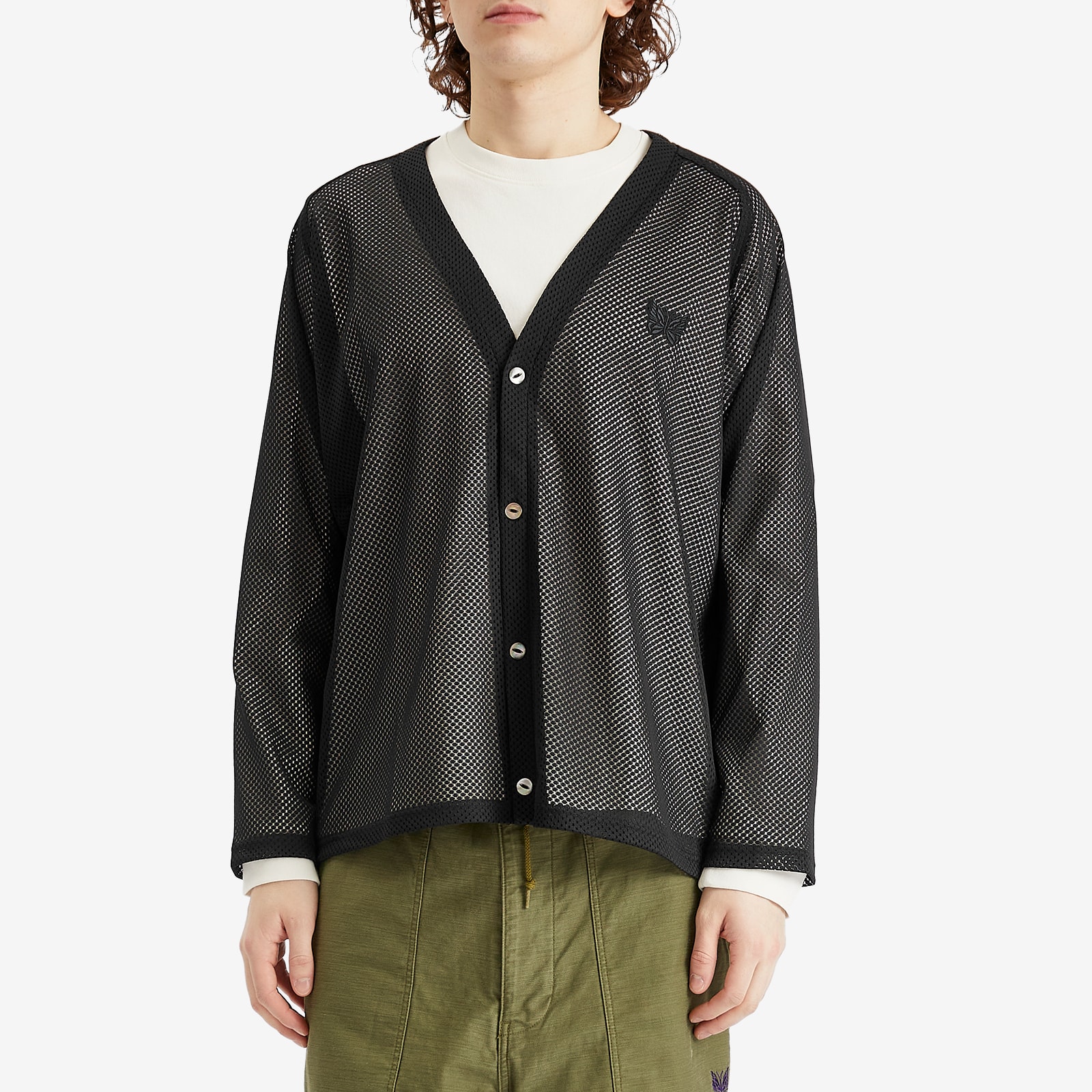 Needles Men's Mesh V-Neck Cardigan Black - Curated Menswear