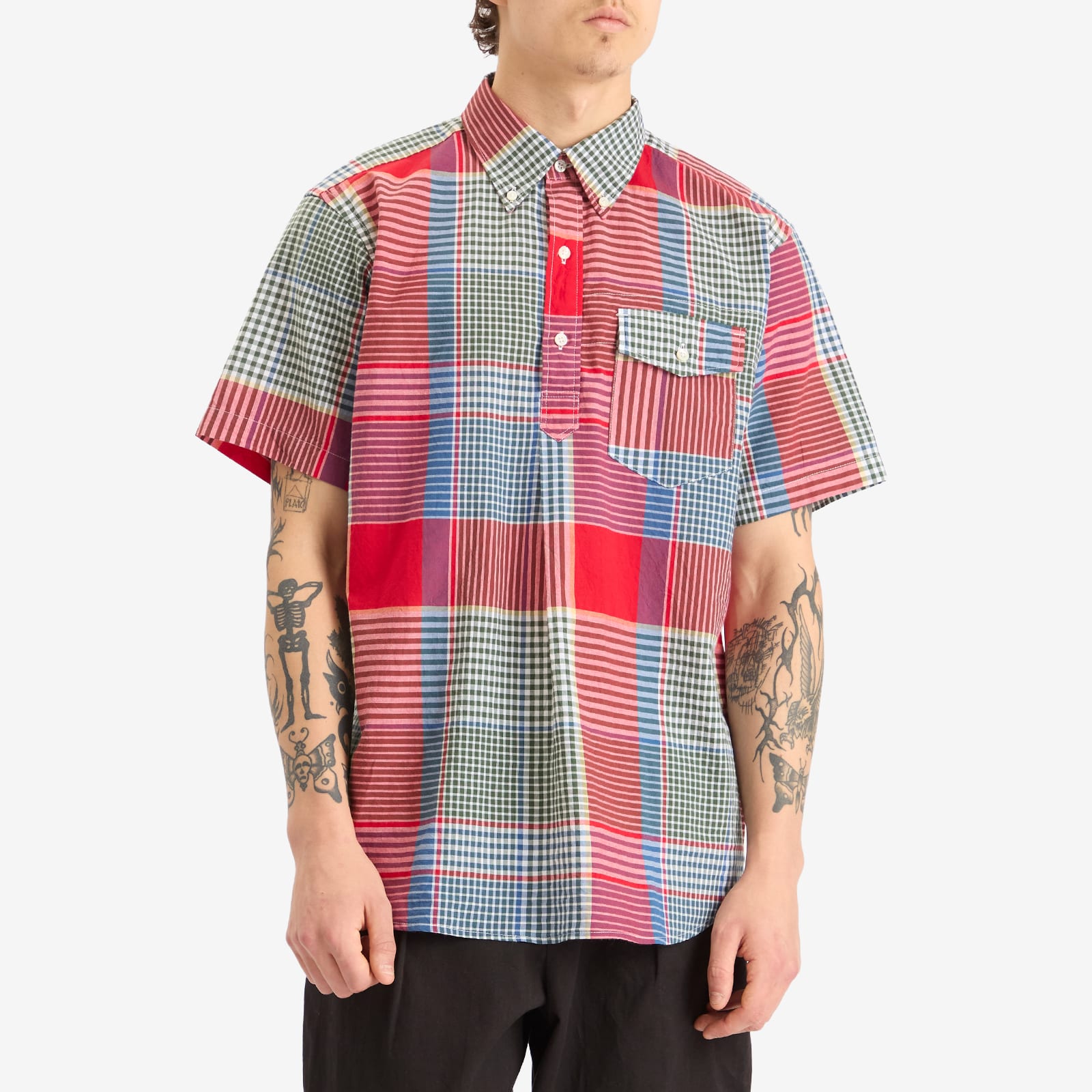トップス ENGINEERED GARMENTS Popover Shirt Madras Engineered Garments Popover BD Shirt - Olive Cotton Madras