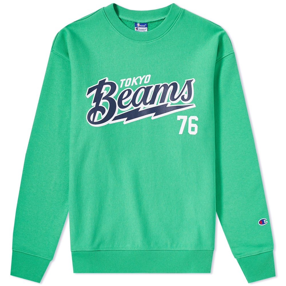 Inspired by BEAMS’ founding year – 1976 – this Japanese label and Champion look to classic sporting apparel for inspiration this season. Cut from a loopback cotton jersey, this bold green pullover is sure to be seen when sitting in the bleachers and its ribbed trims are designed to trap in body heat when you need it most.

90% Cotton, 10% Polyester
Loopback Jersey
Printed Branding
‘76’ Back Print
‘C’ Appliqué
Ribbed Crewneck, Cuffs & Hem