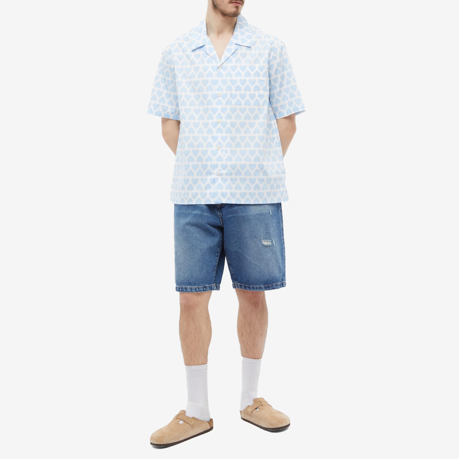 AMI Heart Print Vacation Shirt Sky Blue/White - Curated Menswear