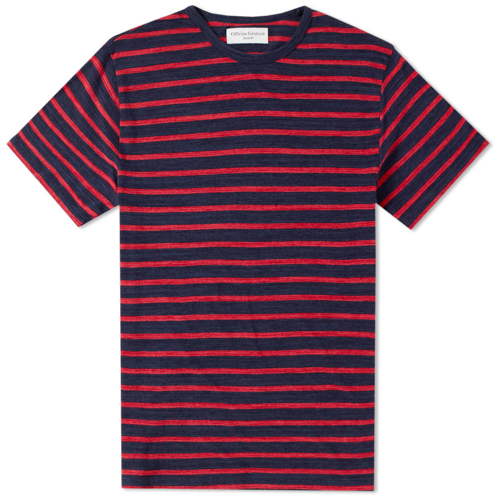 【関税込み】Officine Generale ネイビー ポケットTシャツ チェックジャガード×袖ポンチ 異素材Tシャツ｜メンズ