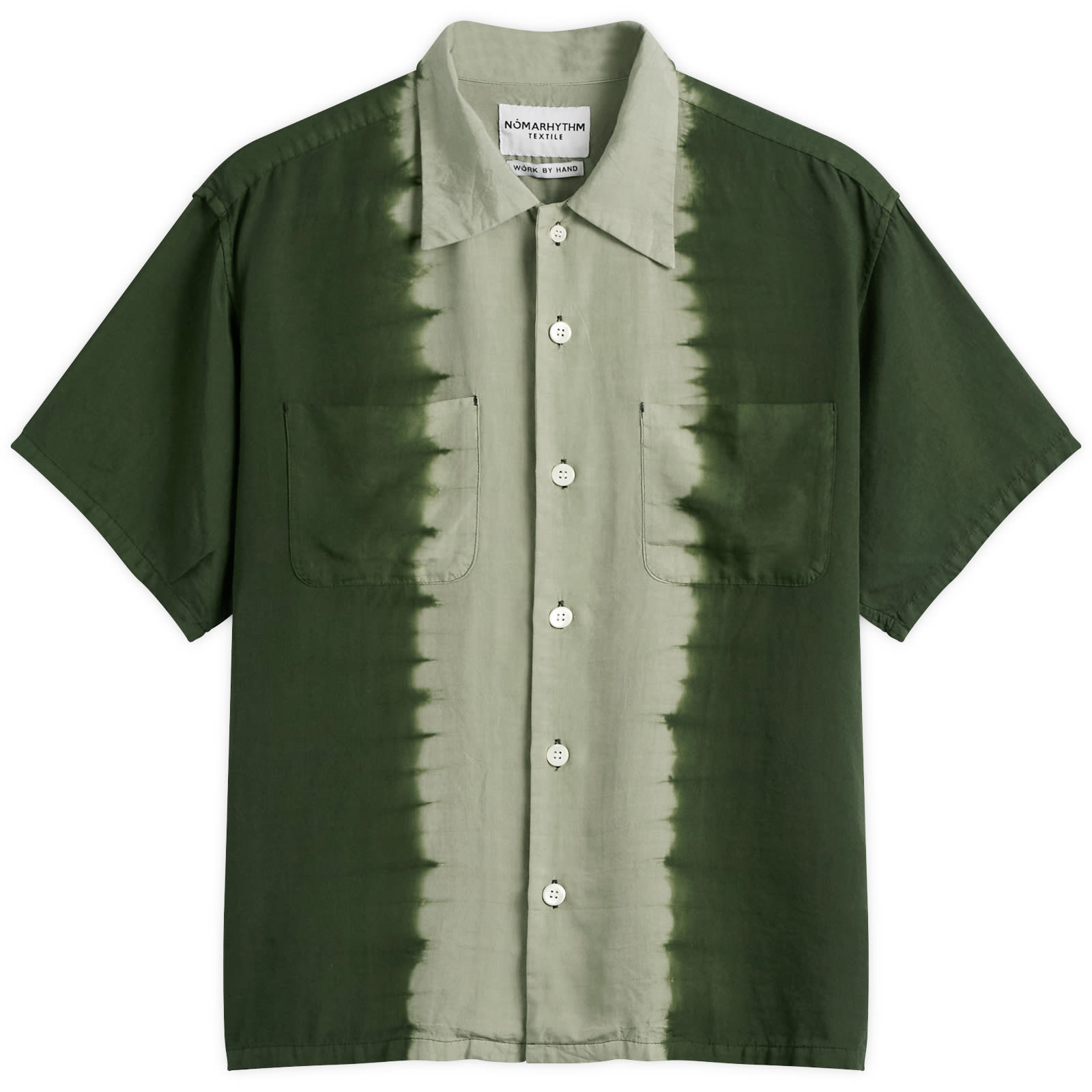 NOMARHYTHM TEXTILE — NOMARHYTHM TEXTILE Men's Hand Dye Open Collar Shirt in Forest Green, Size 2