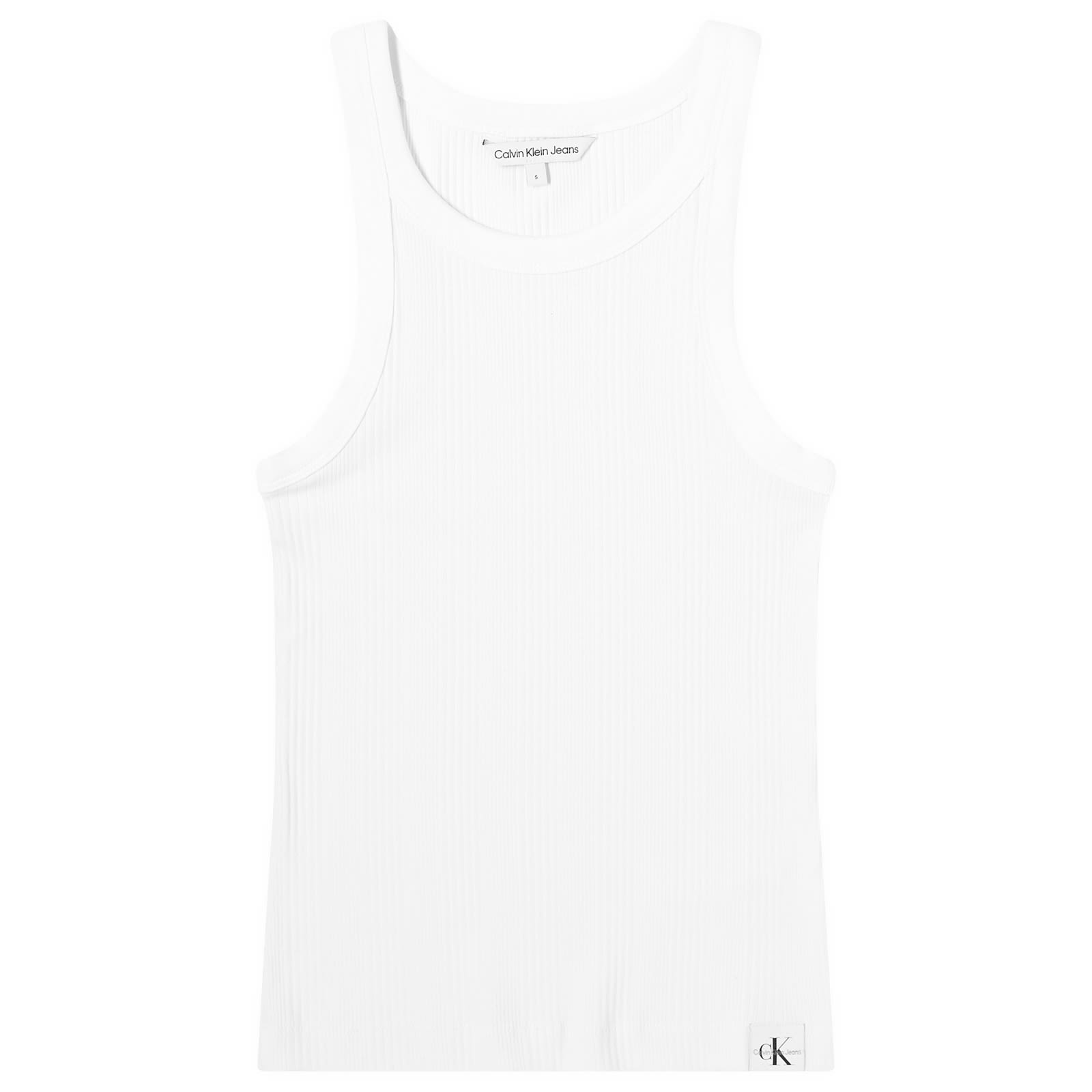 ★ ★ CK Women White Verigated Ribbed Woven Tab T Calvin Klein Variegated Rib Woven Tab Tank Bright White