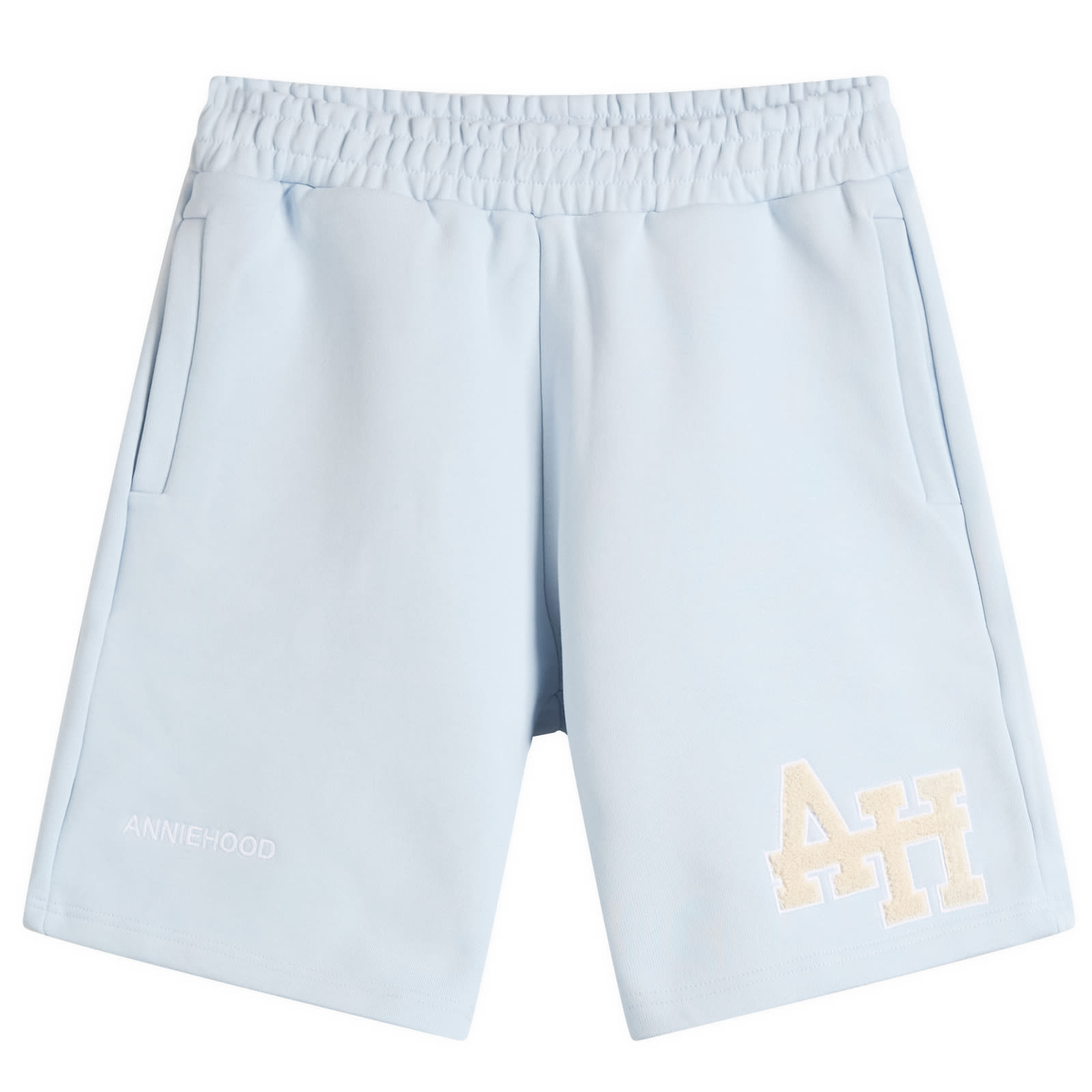 ANNIE HOOD — ANNIE HOOD Men's College Sweat Shorts in Baby Blue/White, Size Small