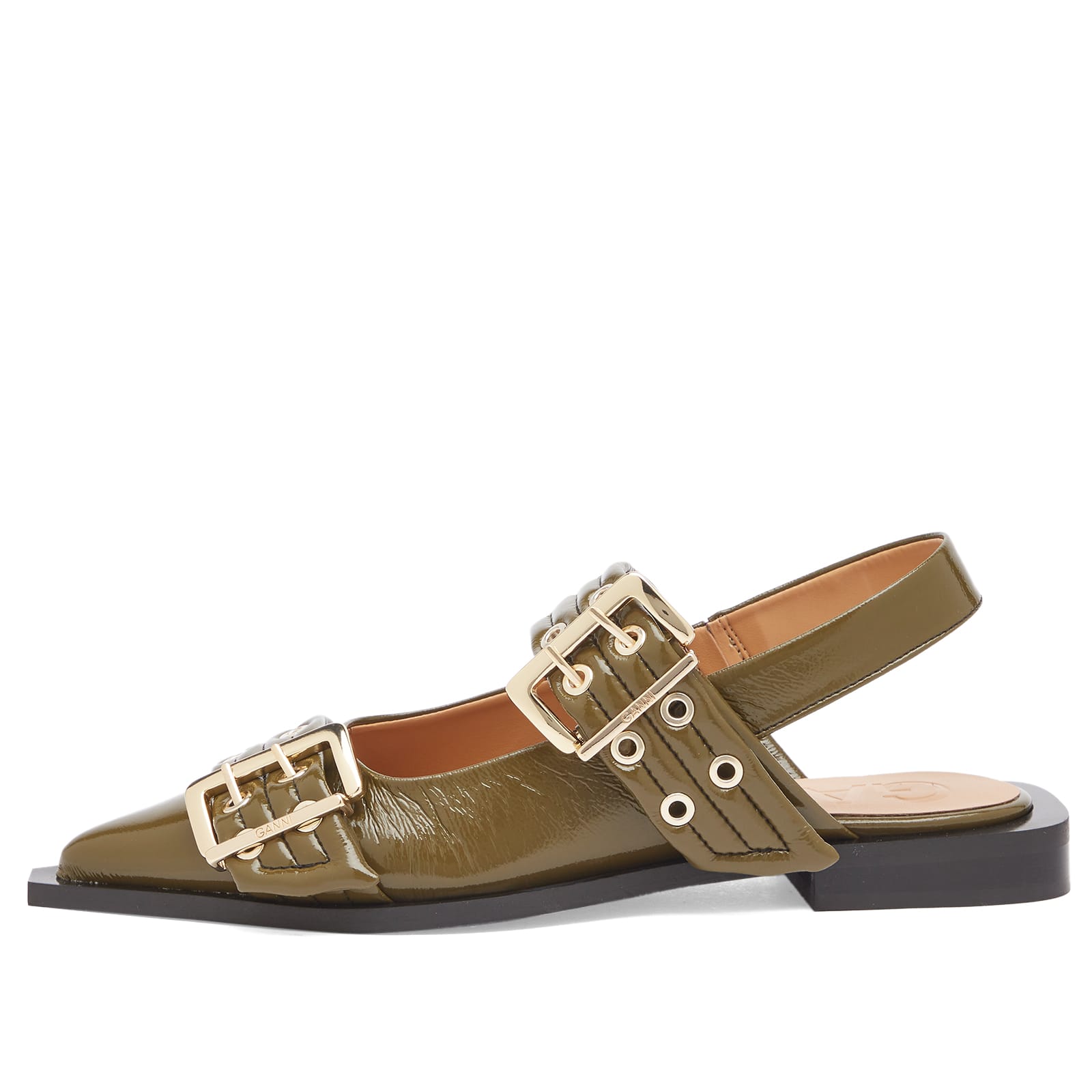 Ganni Women's Military Olive Naplack Feminine Buckle Ballerina