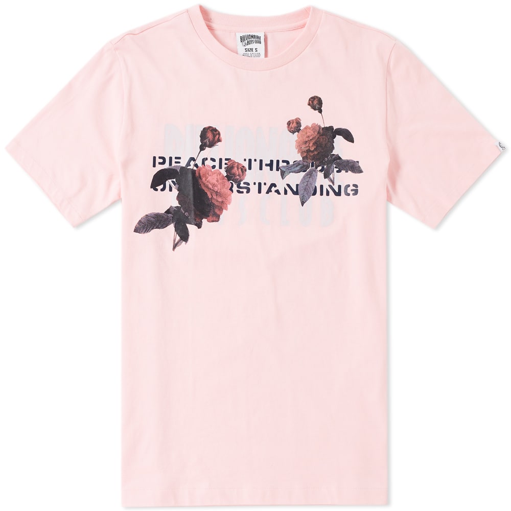 Realised in pastel pink hues, Billionaire Boys Club presents the Peace Through Understanding tee joined by bold branding and a colourful floral overlay. Taking a softer approach to streetwear, the coveted label finish this short sleeve style simply with a ribbed crew neckline.

100% Cotton
Ribbed Crewneck
Printed Decoration Throughout
Woven Logo Tab to the Sleeve