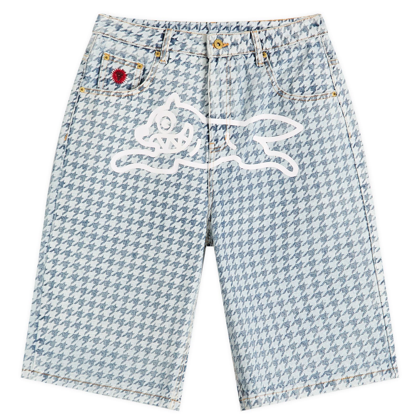 Icecream Women's Light Wash Blue Houndstooth Running Dog Denim Shorts