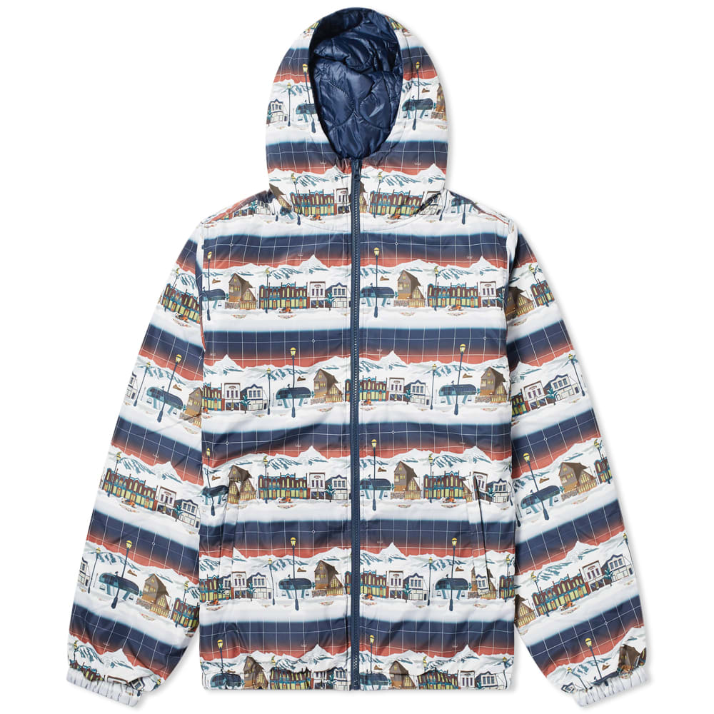 Headed to the mountains, Billionaire Boys Club offers this reversible jacket with an idyllic ski town design to one side. To the other sits a more conventional navy blue quilt, with both receiving two side pockets to keep all your essentials, for the slopes or the streets, close to hand.100% PolyesterReversibleZip Closure2 Side Pockets2 Interior PocketsDrawstring Hem