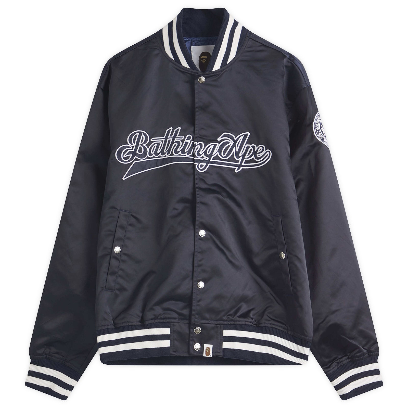 A BATHING APE◇BASEBALL JACKET/スタジャン/L/ナイロン/NVY 
