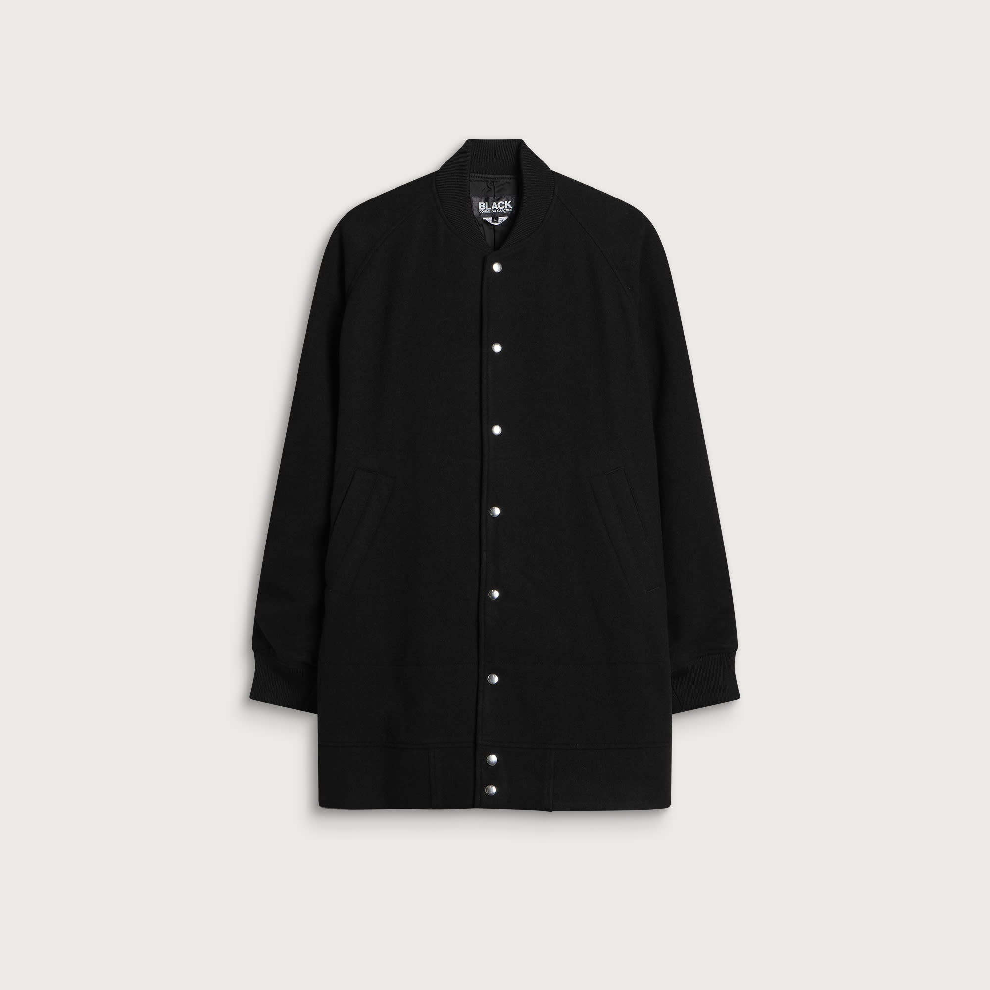Comme des Garçons Men's Wool Nylon Asymmetric Long Bomber Jacket Ja in Black, Size Medium