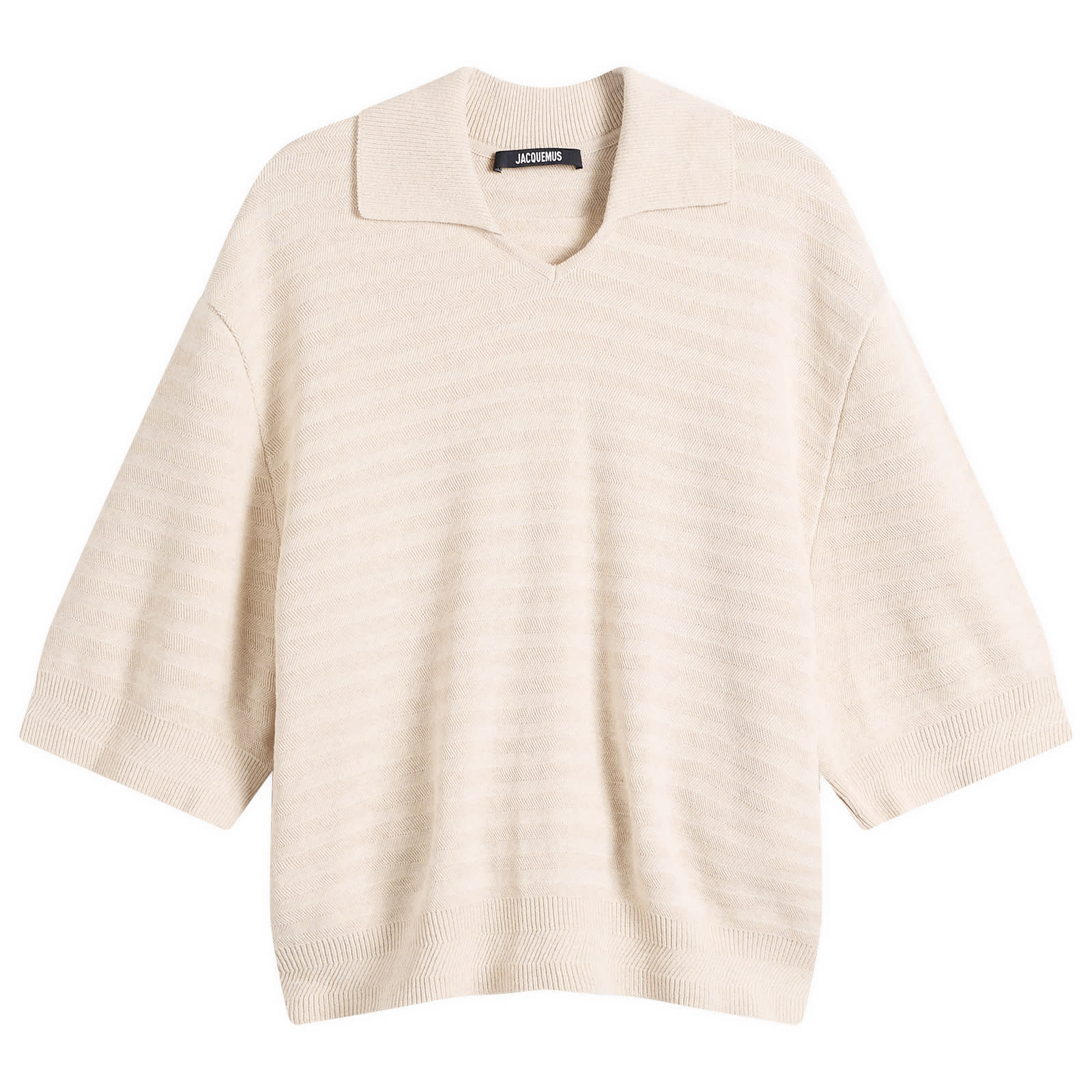Jacquemus Men's Chevron Cotton Silk Knit Polo Shirt in Light Beige, Size Large 