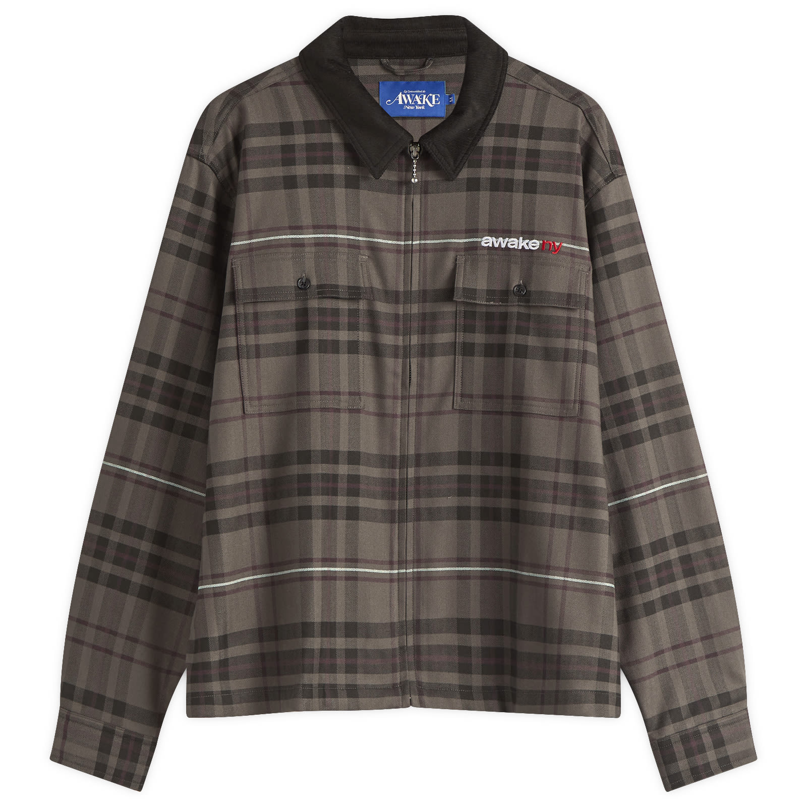 Awake Ny Men's Brown Plaid Flannel Zip Overshirt