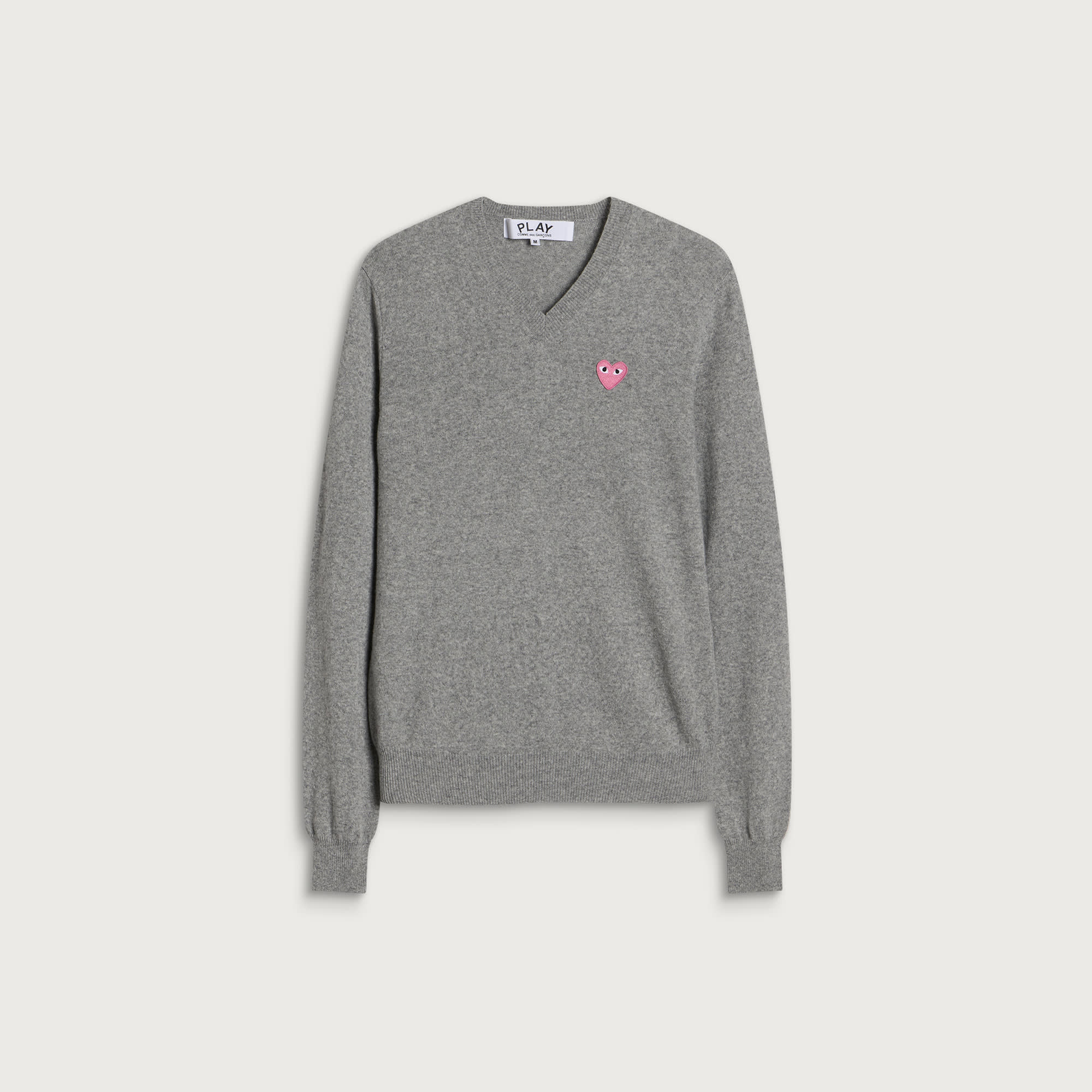 Comme des Garçons Play Pink Heart V Neck Jumper in Grey, Size Small