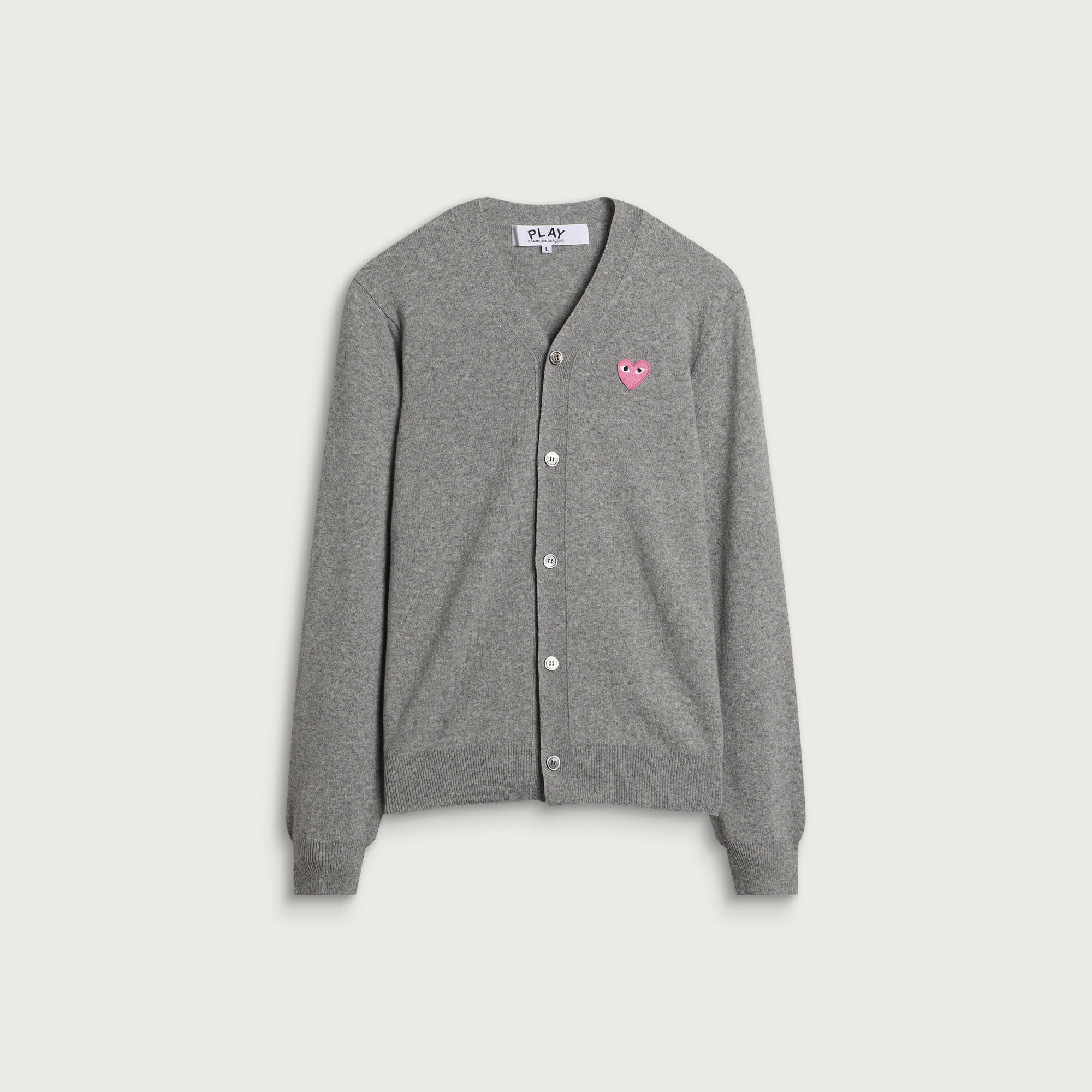 Comme des Garçons Play Pink Heart Cardigan in Grey, Size Large