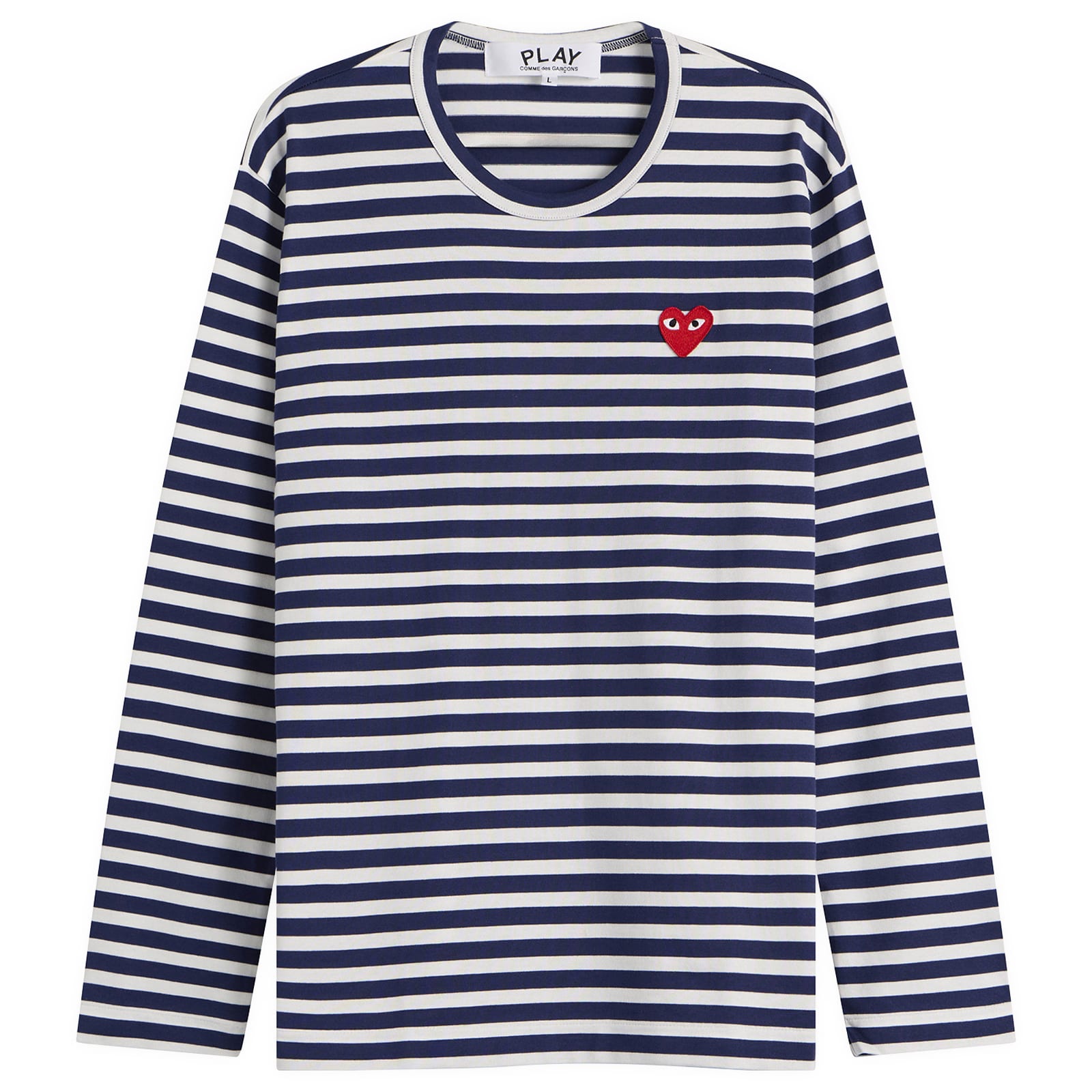 Comme des Garçons Play Stripe Red Heart Emblem Long Sleeve T in Navy White, Size X-Large