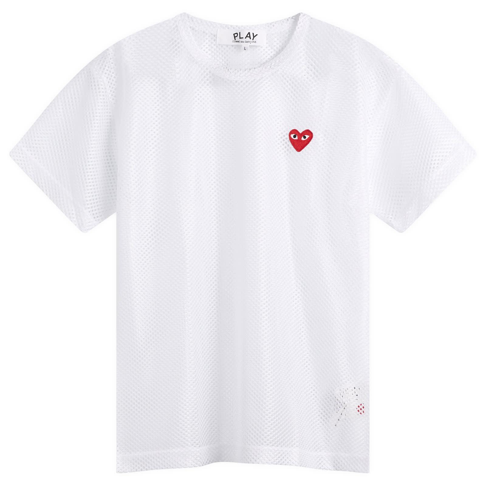 Comme des Garçons Play Mesh T-Shirt Red Emblem in White, Size Large 