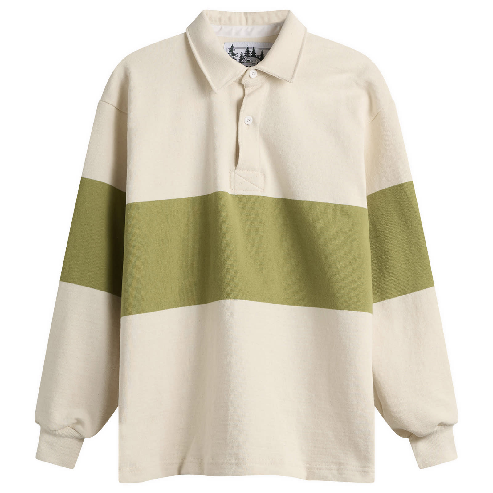 Café Mountain — Café Mountain Men's Block Stripe Sportsman Shirt in Ecru/Kiwi, Size Large