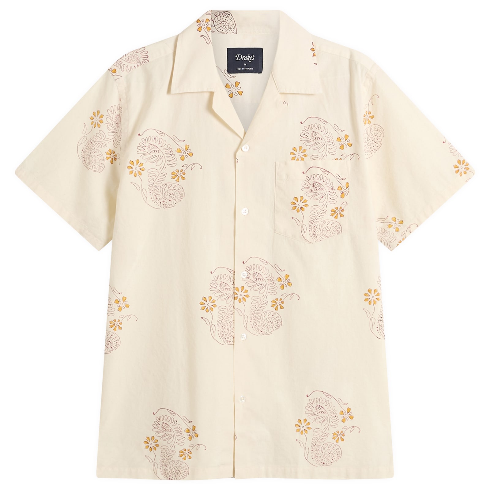 Drake's — Men's Floral Block Print Camp Collar Shirt in Off White/Burgundy, Size Medium