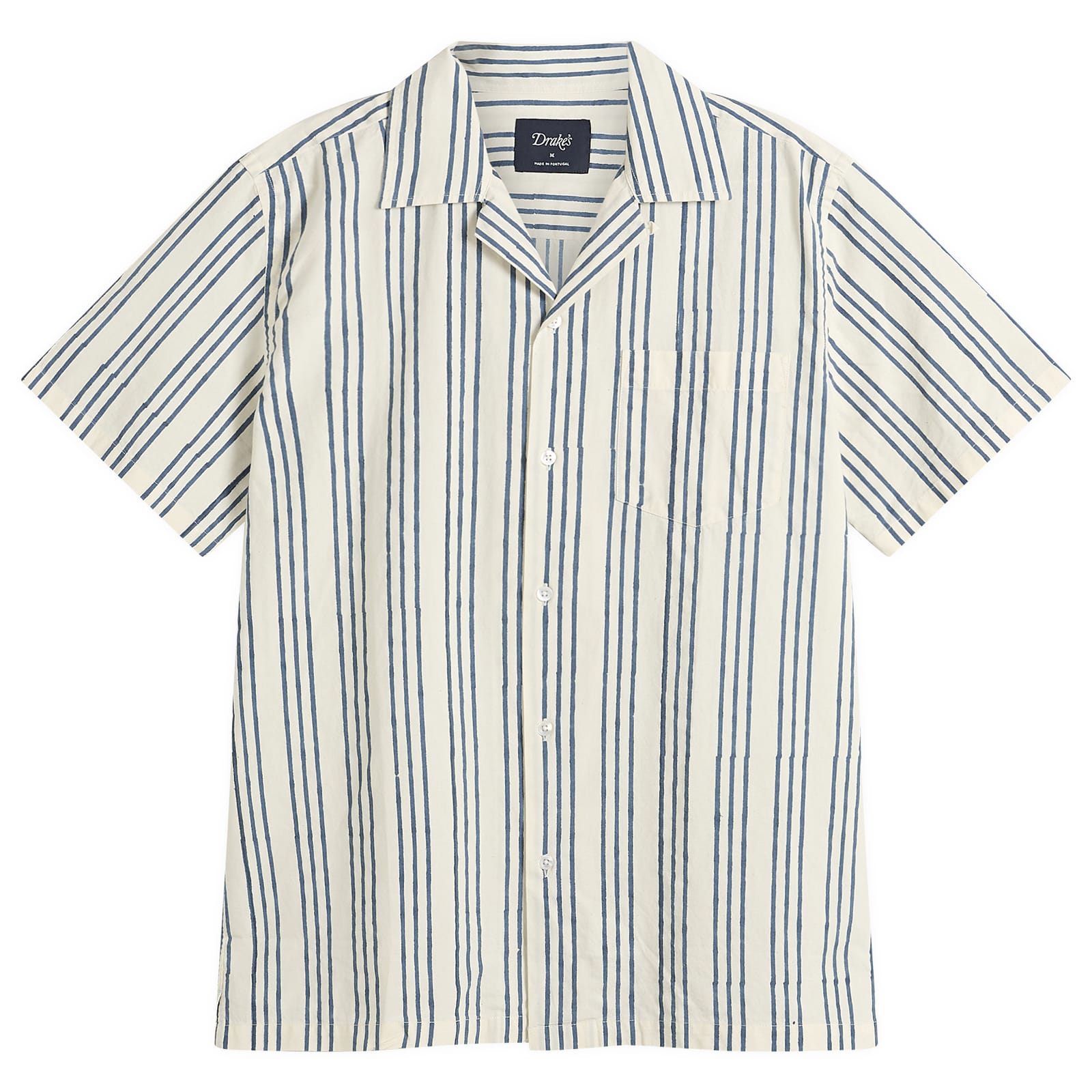 Drake's — Men's Tri-Stripe Block Print Camp Collar Shirt in Off White/Iindigo, Size Medium
