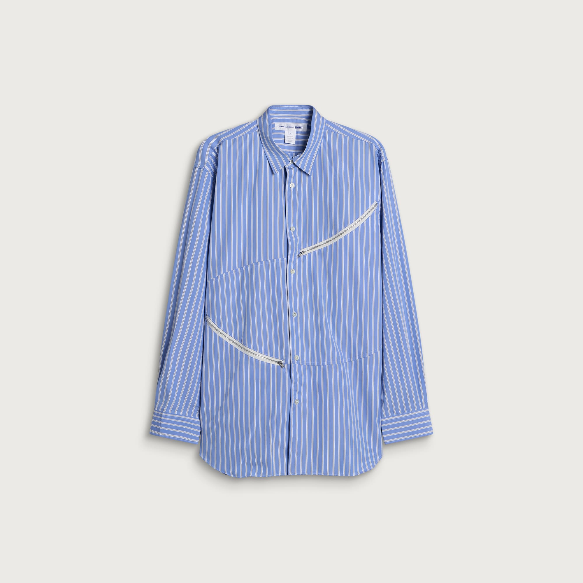 Comme des Garçons SHIRT Men's Zipped Cotton Frill Shirt in Stripe, Size Medium