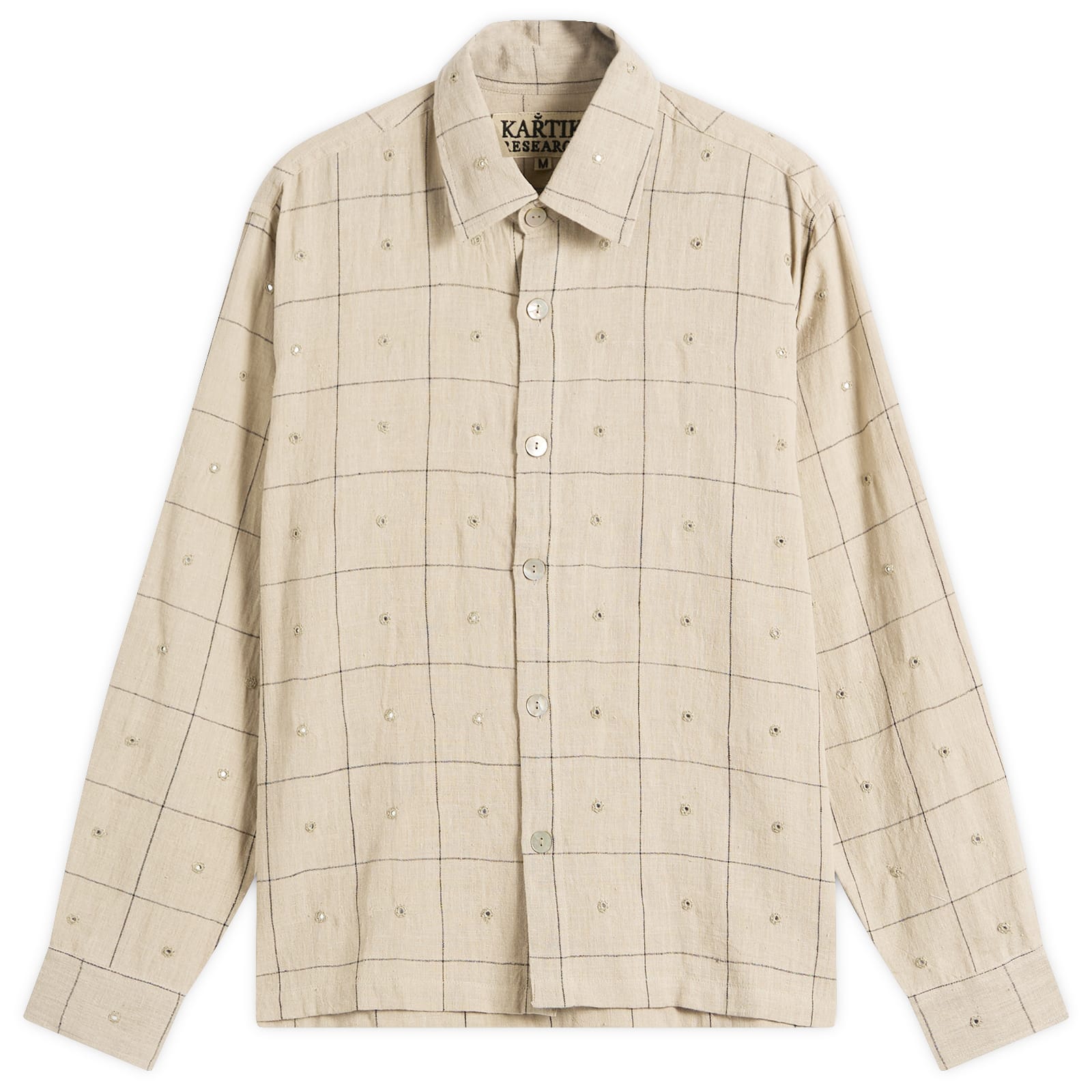 Kartik Research — Men's Embroidered Mirror Box Shirt in Beige/Indigo, Size X-Large