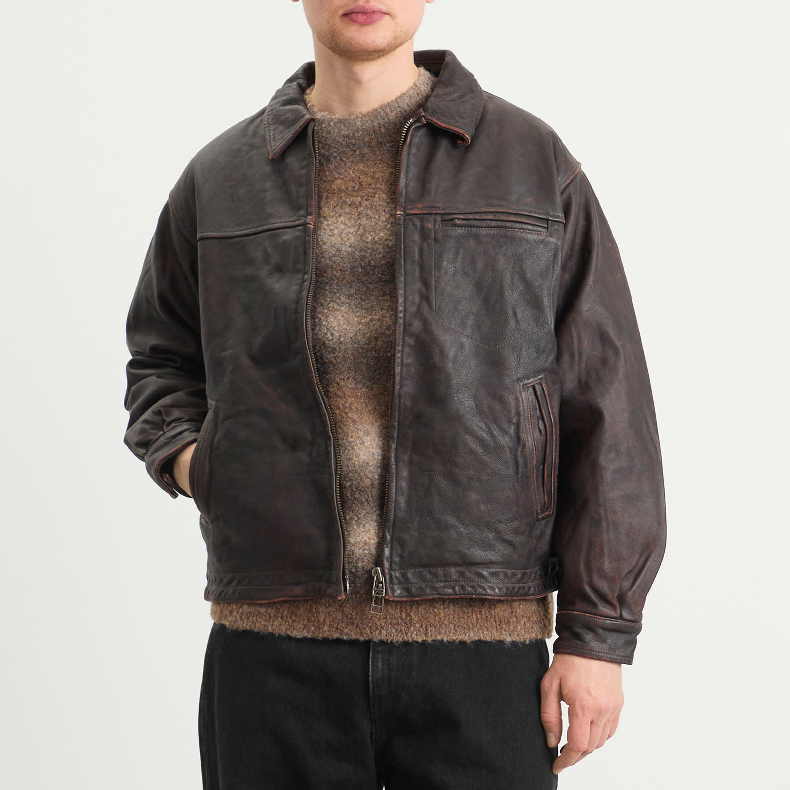 FrizmWORKS Men's Destroyed Cowhide Leather Jacket Washed Brown