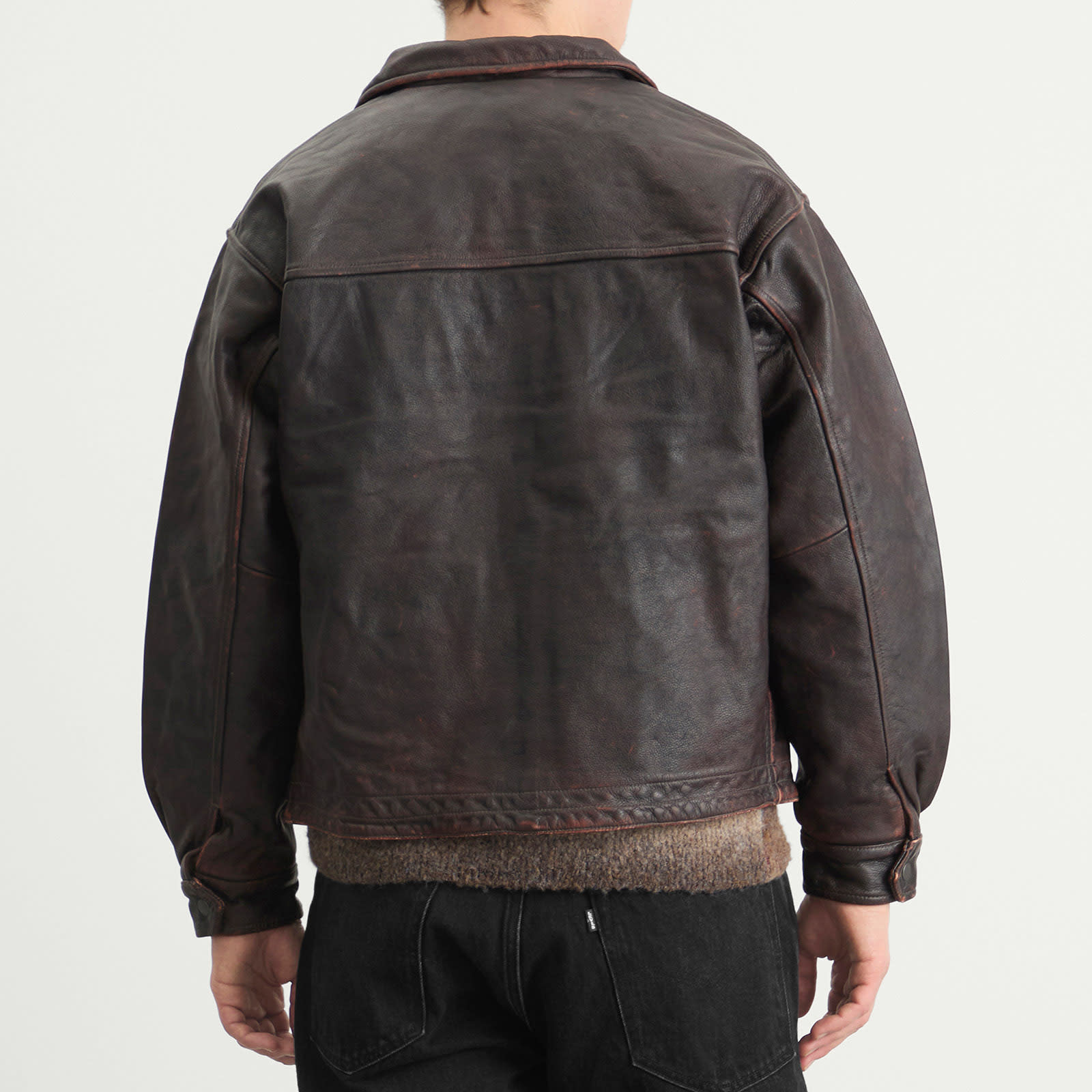 FrizmWORKS Men's Destroyed Cowhide Leather Jacket Washed Brown