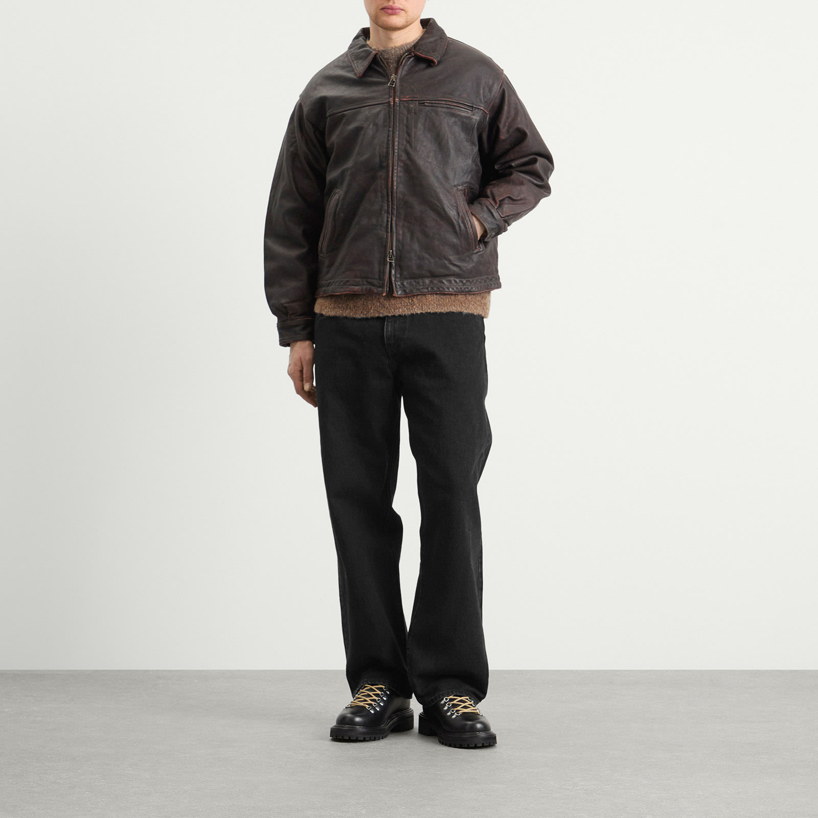 FrizmWORKS Men's Destroyed Cowhide Leather Jacket Washed Brown