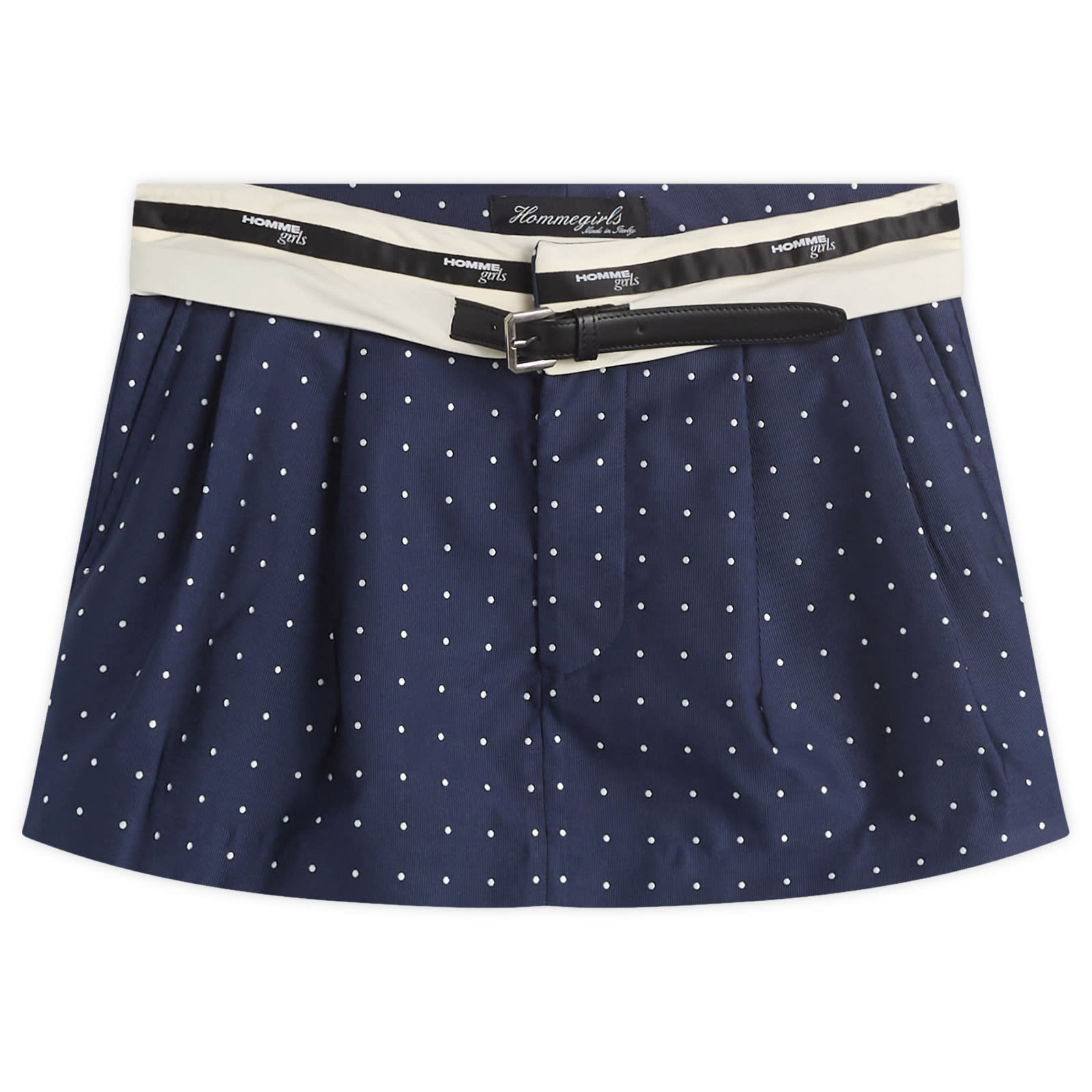 Hommegirls Women's Flip Waist Belt Mini Skirt in Navy Polka Dot, Size 40