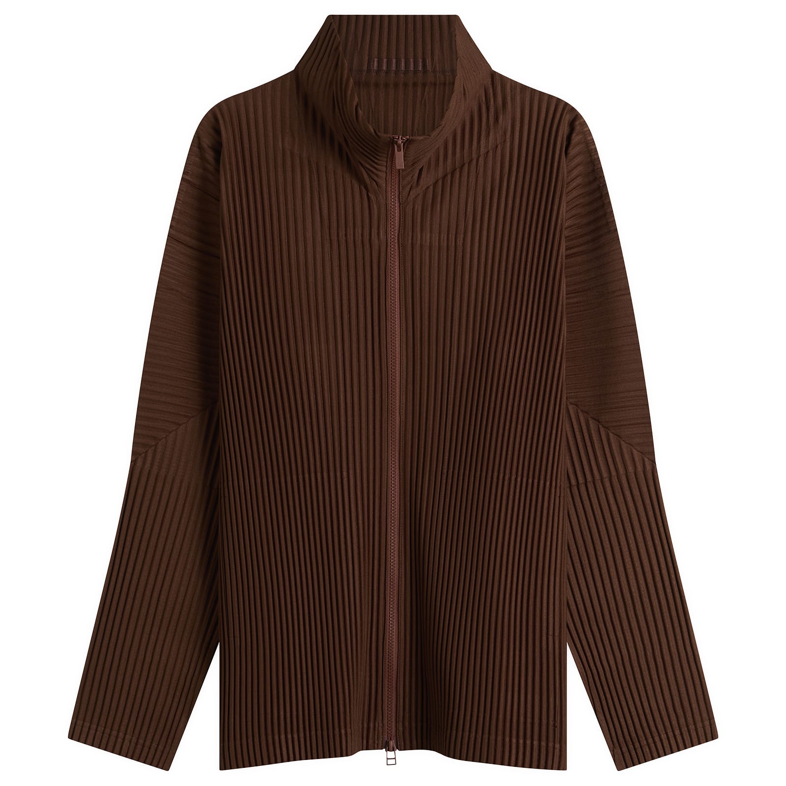 HOMME PLISSÉ ISSEY MIYAKE — Homme Plissé Issey Miyake Men's Pleat Zip Up Cardigan in Anchor Brown, Size 2
