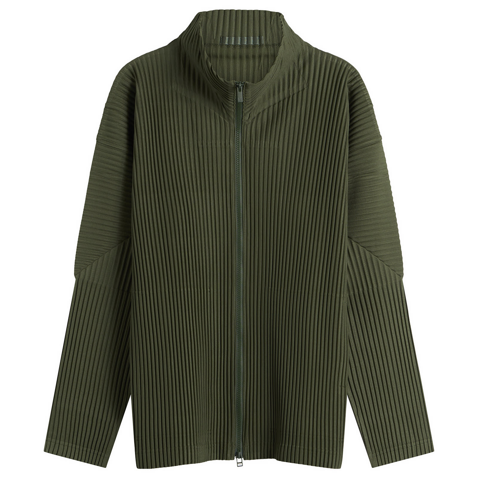 HOMME PLISSÉ ISSEY MIYAKE — Homme Plissé Issey Miyake Men's Pleat Zip Up Cardigan in Duomo Door Green, Size 2