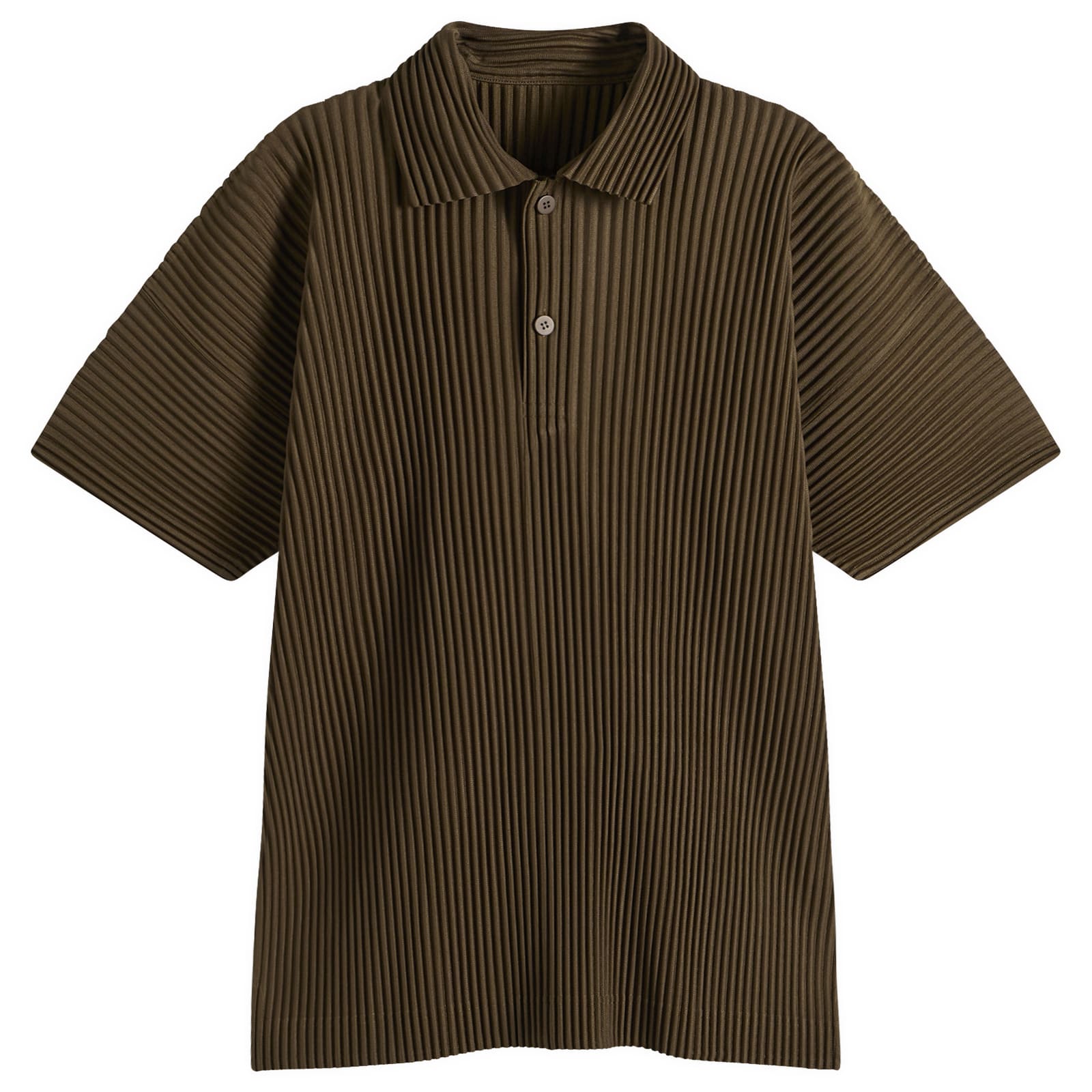 HOMME PLISSÉ ISSEY MIYAKE — Homme Plissé Issey Miyake Men's Pleat Short Sleeve Shirt in Genova Metal Ocher, Size 2