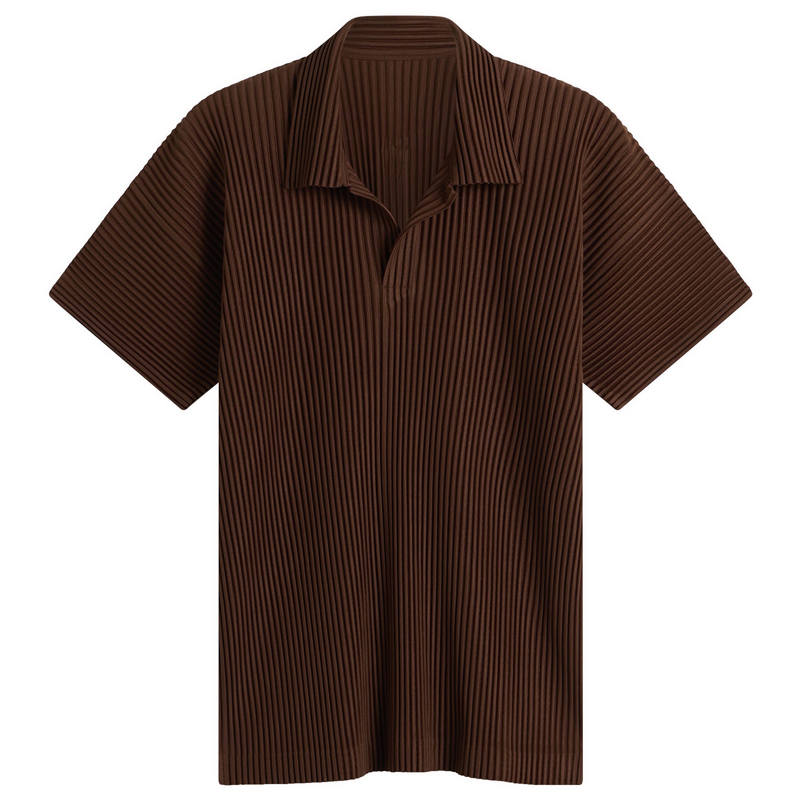 Homme Plissé Issey Miyake Men's Pleat Short Sleeve Polo in Anchor Brown, Size 2 