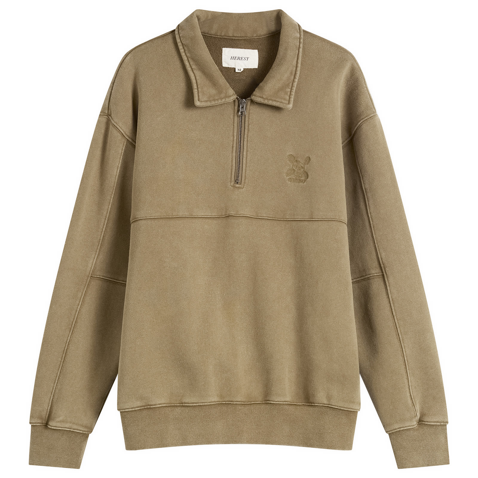 HERESY — Men's Green Man Quarter Zip Sweatshirt in Biscuit, Size X-Large