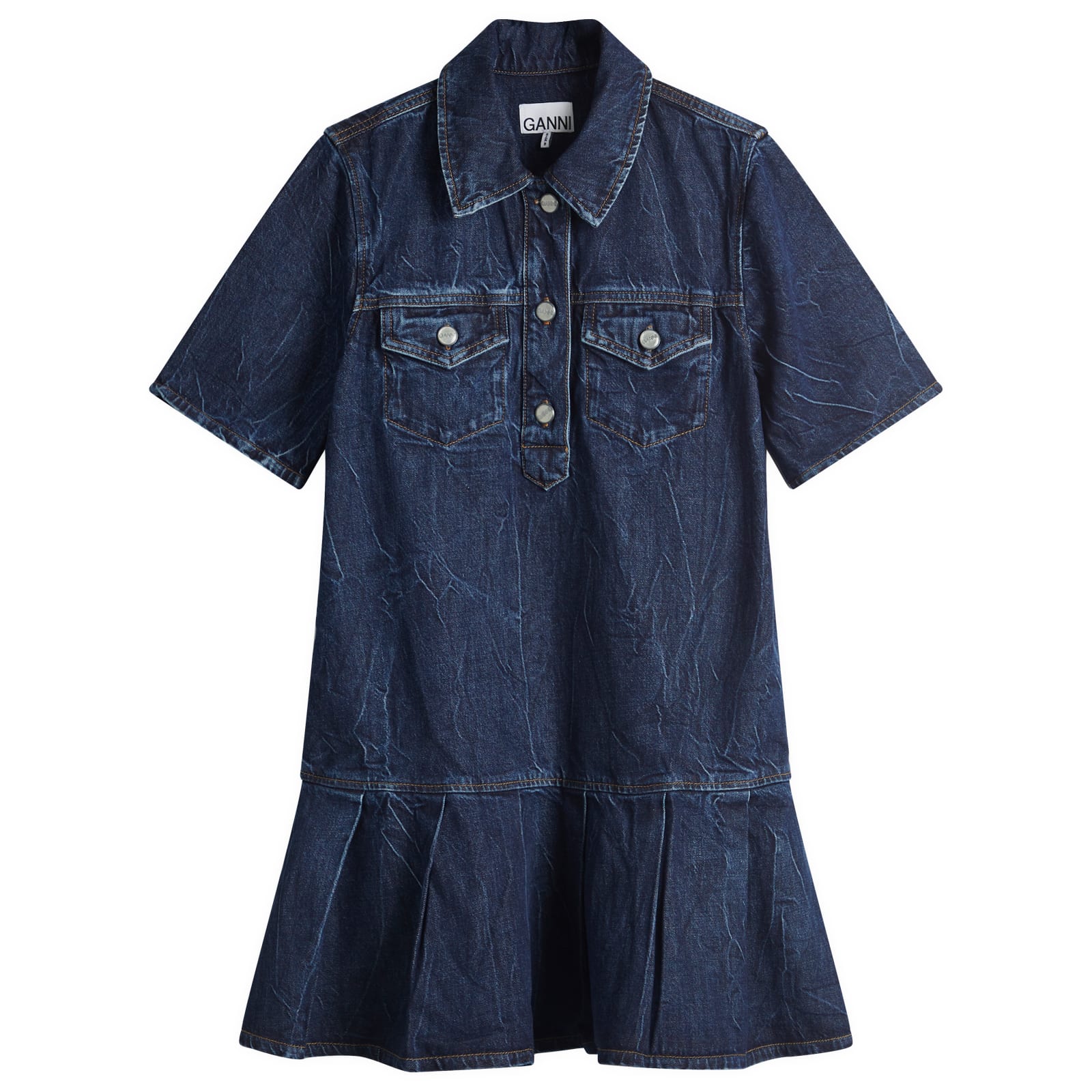 GANNI Crinkled Future Denim Mini Dress Mid Blue Stone | END