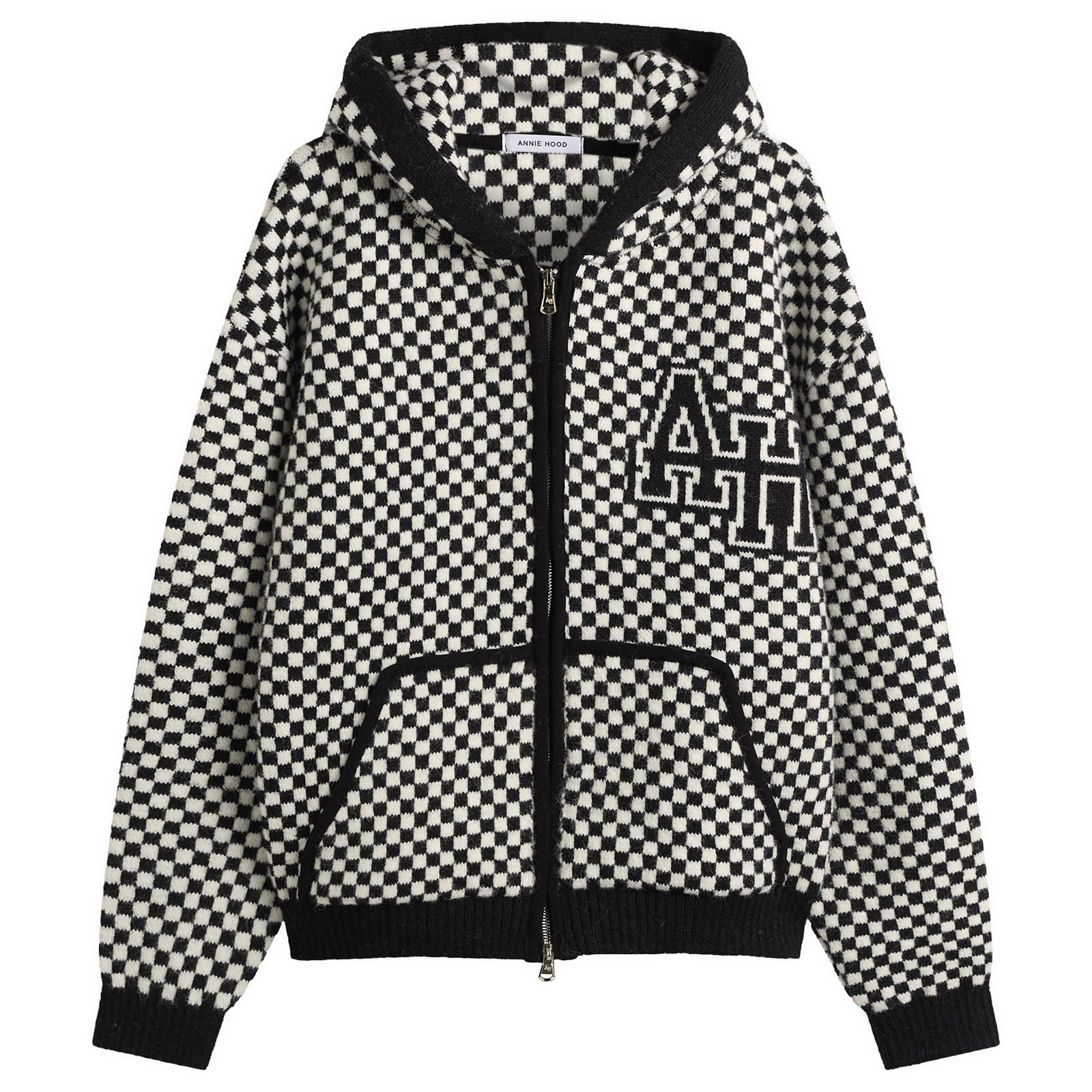 ANNIE HOOD — ANNIE HOOD Men's Checked Knitted Jacket in Black/White, Size Medium