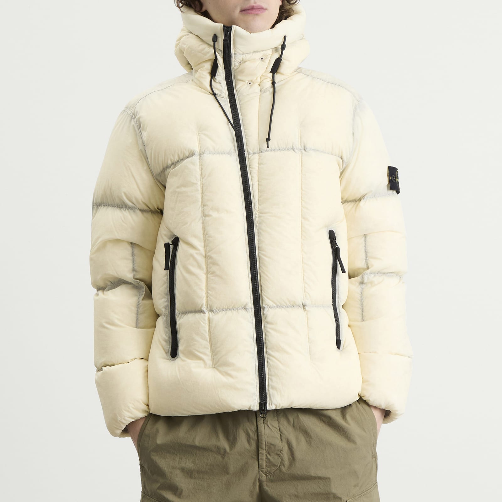 Stone Island Men's Seam Faded Light Nylon Tela Down Jacket Ivory