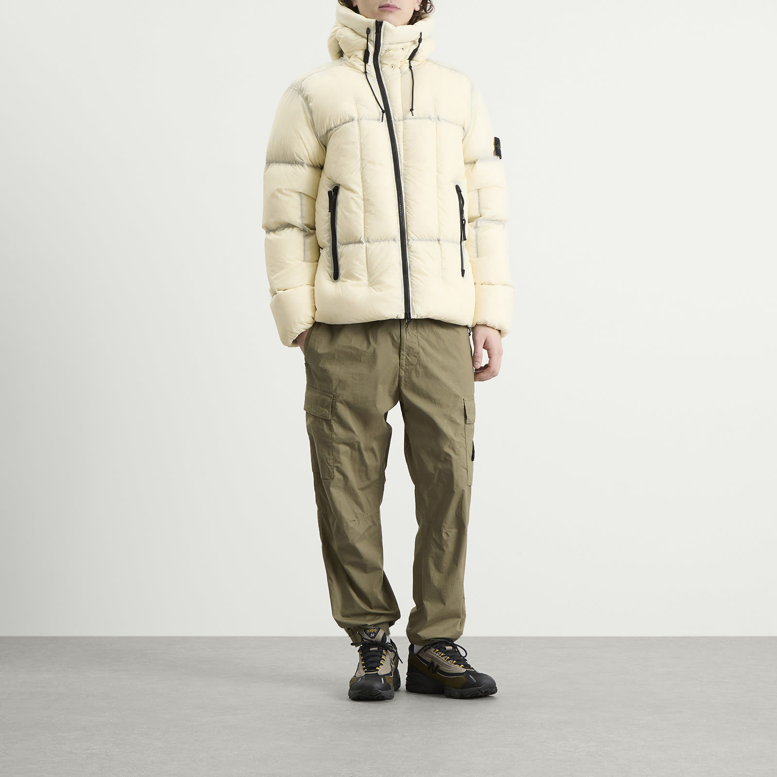 Stone Island Men's Seam Faded Light Nylon Tela Down Jacket Ivory