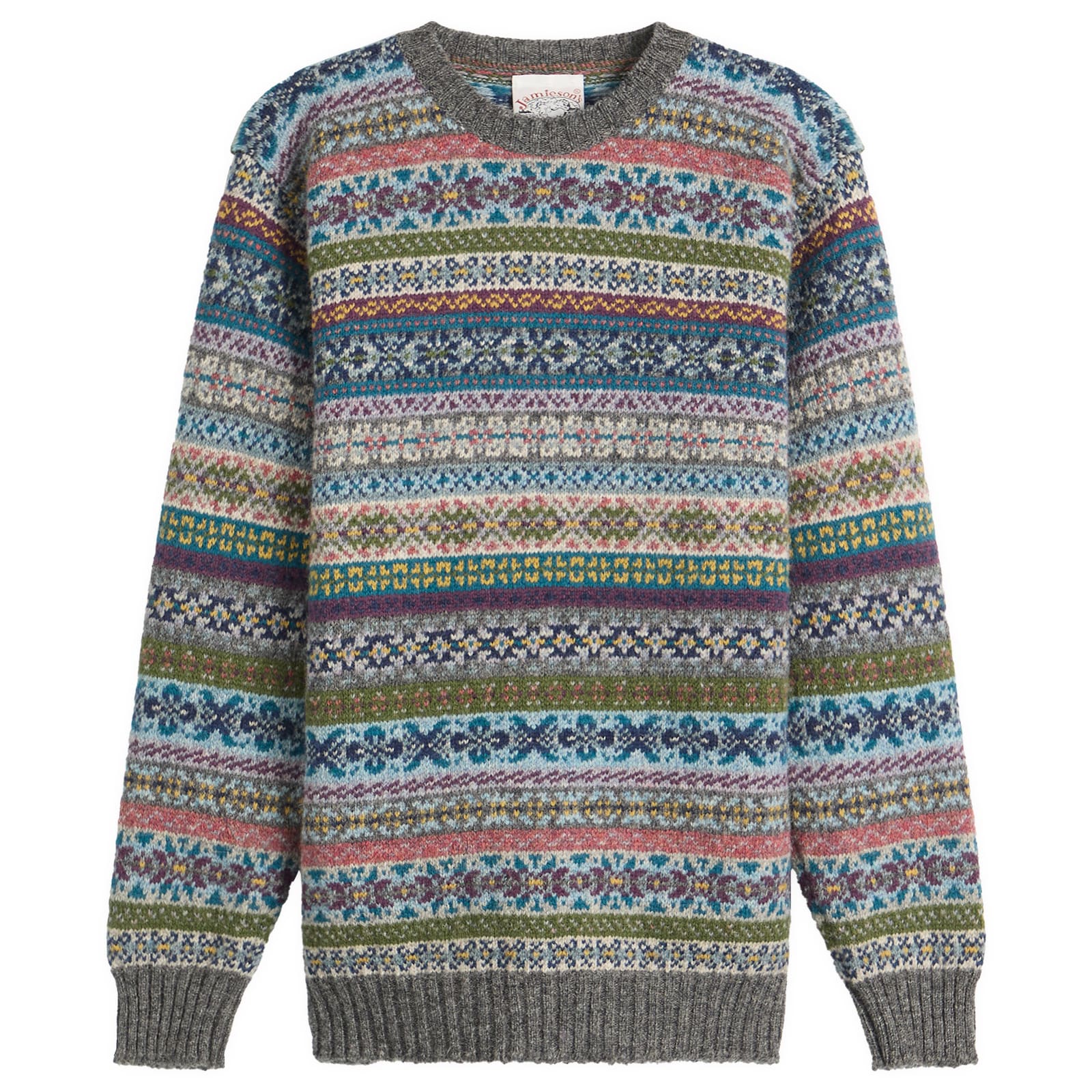 Jamieson's of Shetland — Jamieson's of Shetland Men's Jamiesons of Shetland Fair Isle Crew Knit in Grey/Blue/Green, Size X-Small