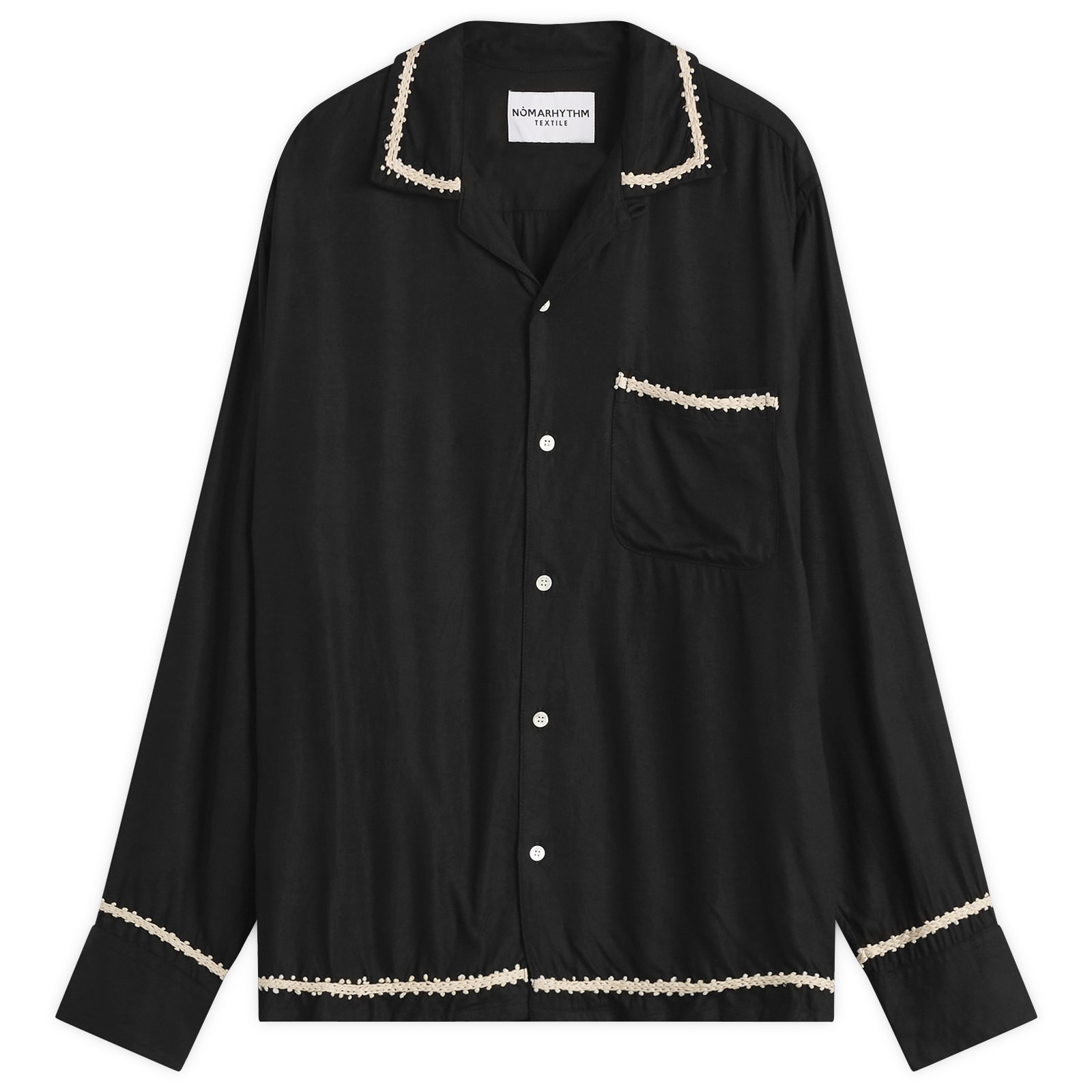 NOMARHYTHM TEXTILE Men’s Trim Embroidery Open Collar Shirt Black