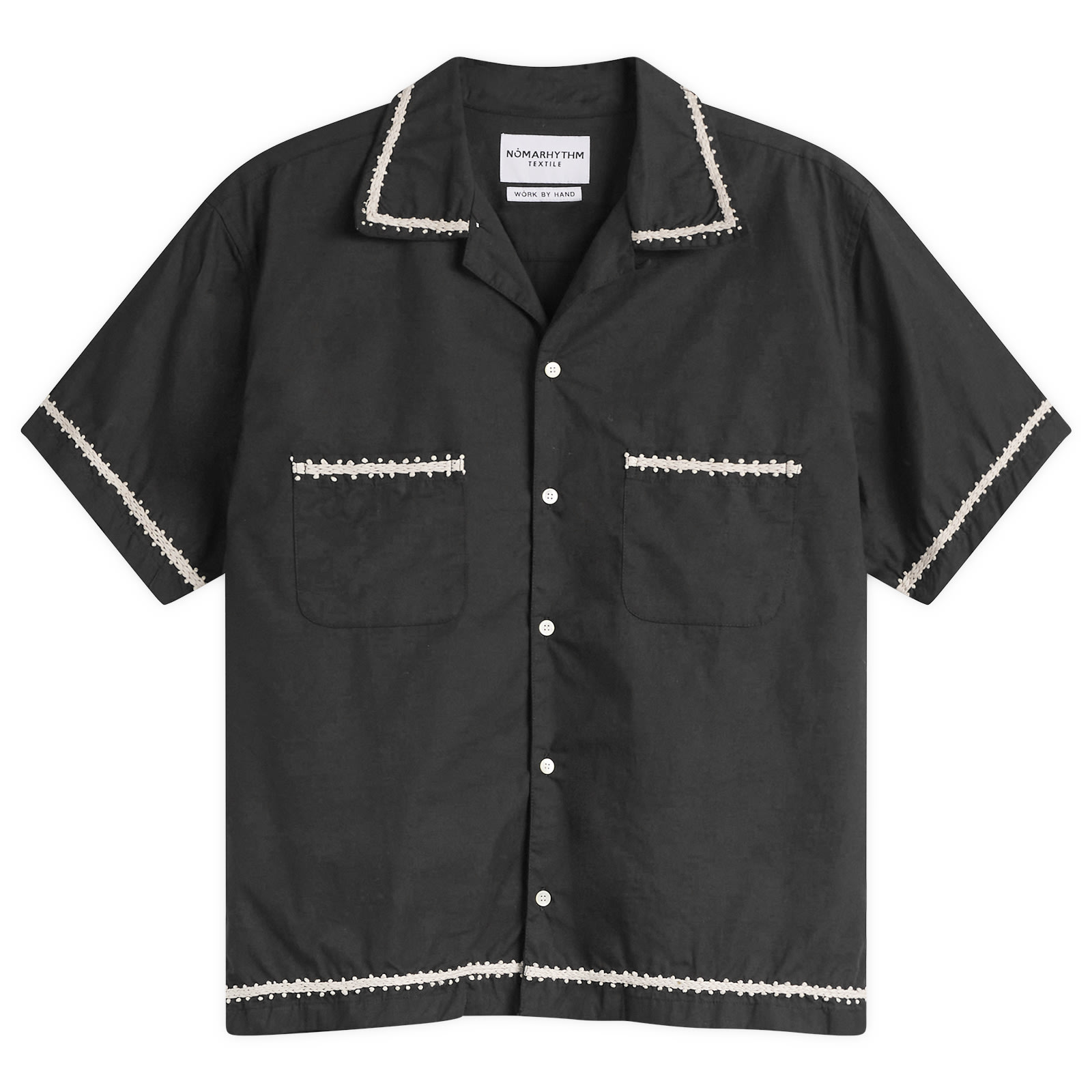 NOMARHYTHM TEXTILE — NOMARHYTHM TEXTILE Men's Trim Embroidery Open Collar Shirt in Black, Size 5