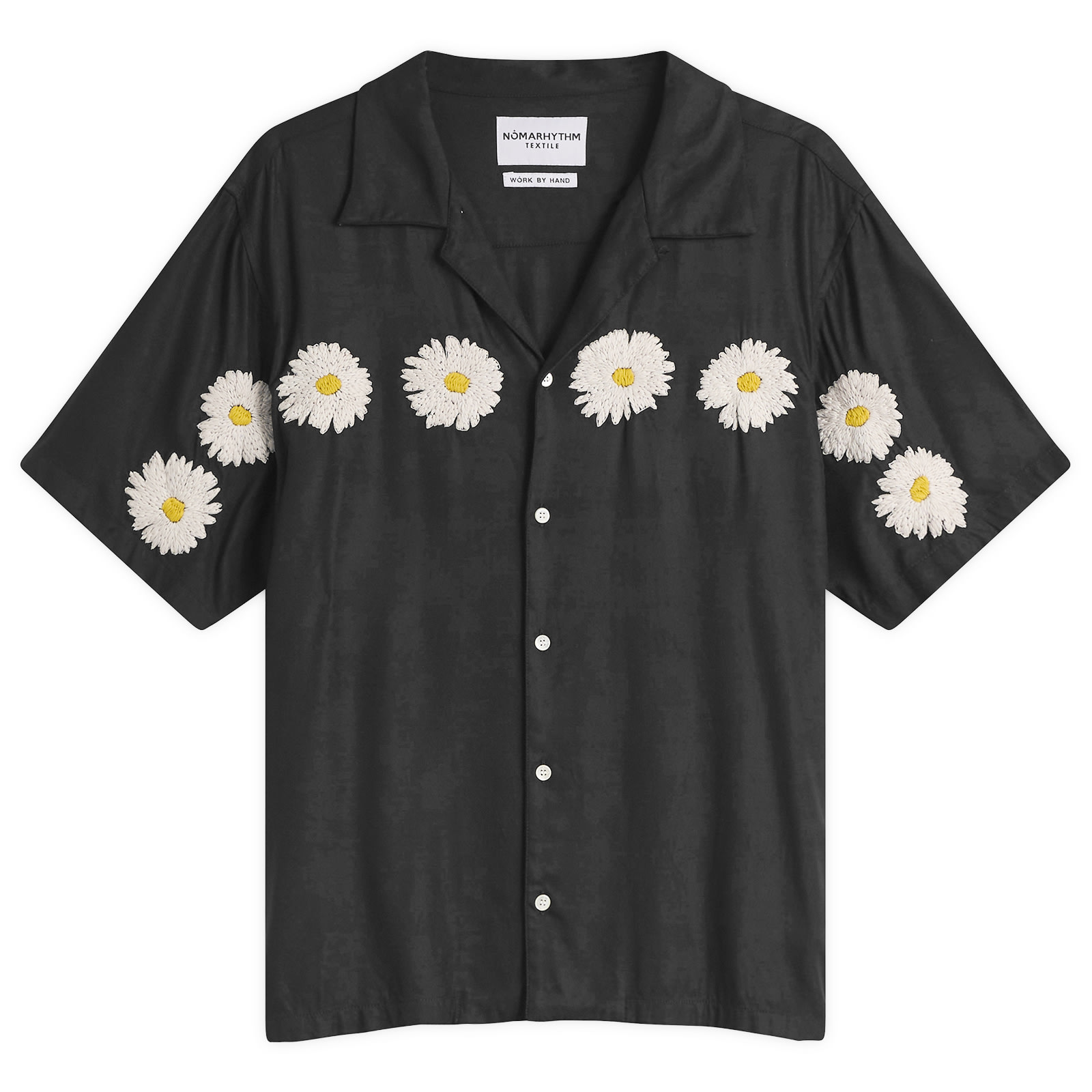 NOMARHYTHM TEXTILE — NOMARHYTHM TEXTILE Men's Flower Embroidery Open Collar Shirt in Black, Size 4